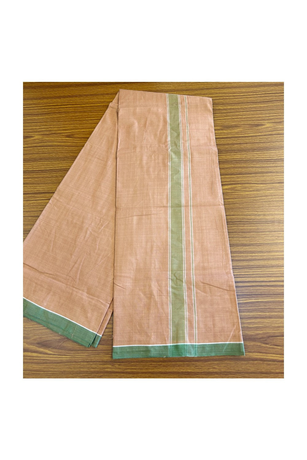 16% DISCOUNT ! KaithariKada Kalamachal 100% Pure Cotton - (80X80) Twisted Thread Handloom Single Mundu/Dhoti - KAVI BODY & Light Green STRIPES 2.25inch Kara- 5KK479KAL