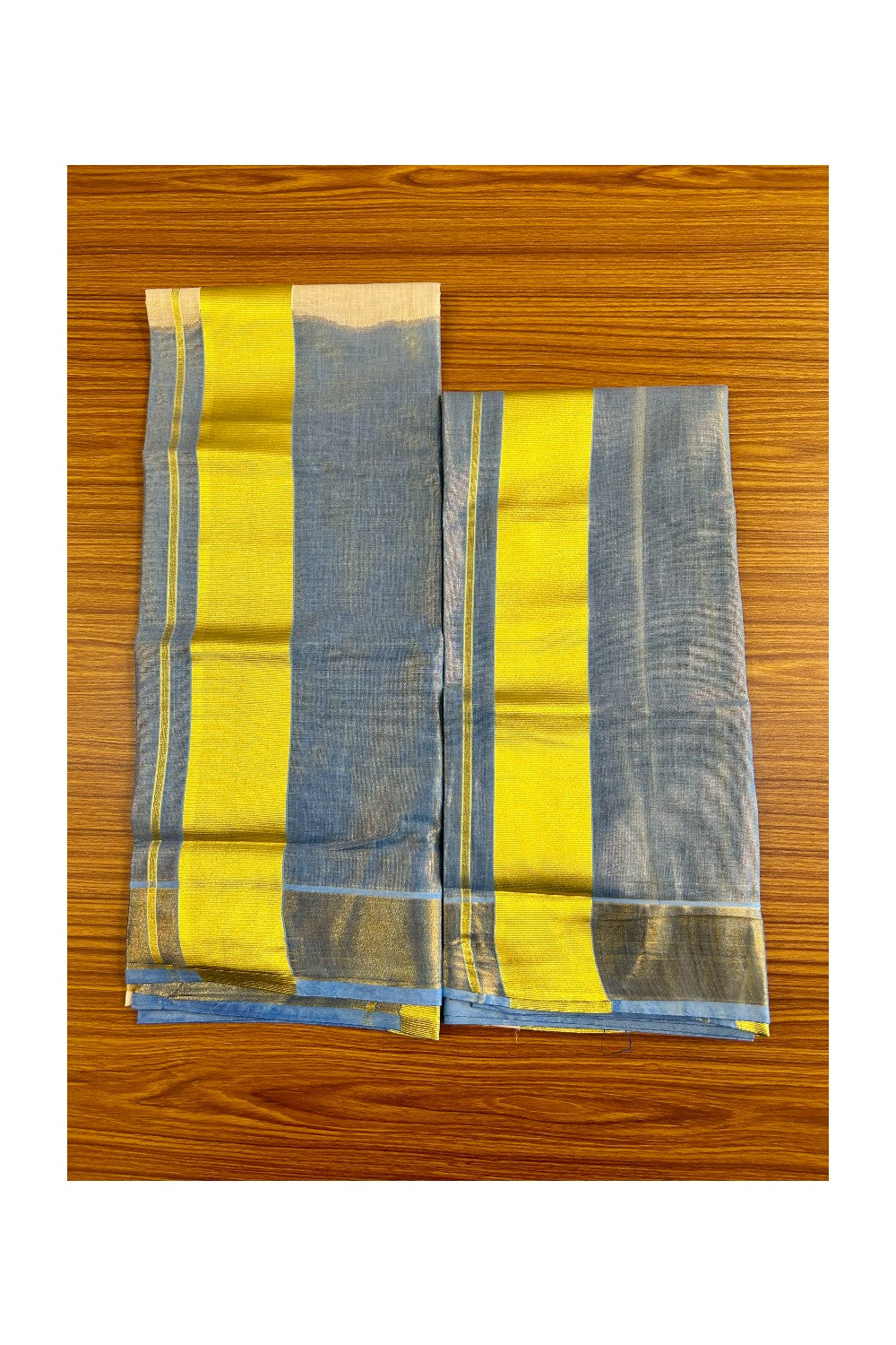 36% Discount!! KaithariKada - Kerala Tissue Single Set Mundu - Tie & Dye Half Blue Colour Design - Kasavu Big Kara - 5KK491MUR