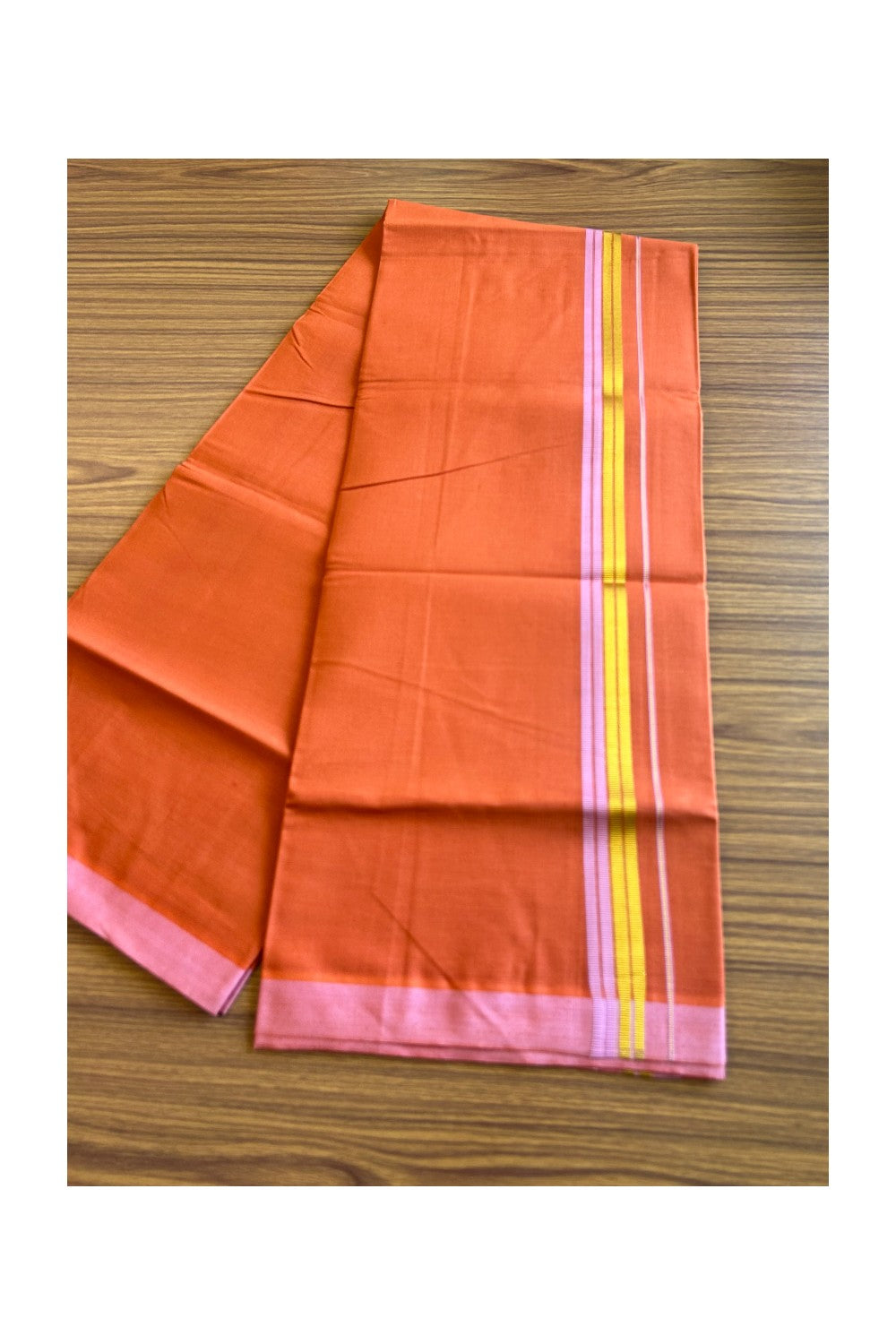 Kaitharikada Soft Cotton - Kaily / Lungi - 1.75 inch Light Pink & kasavu striped kara with KAAVI colour body - 5KK492RAM