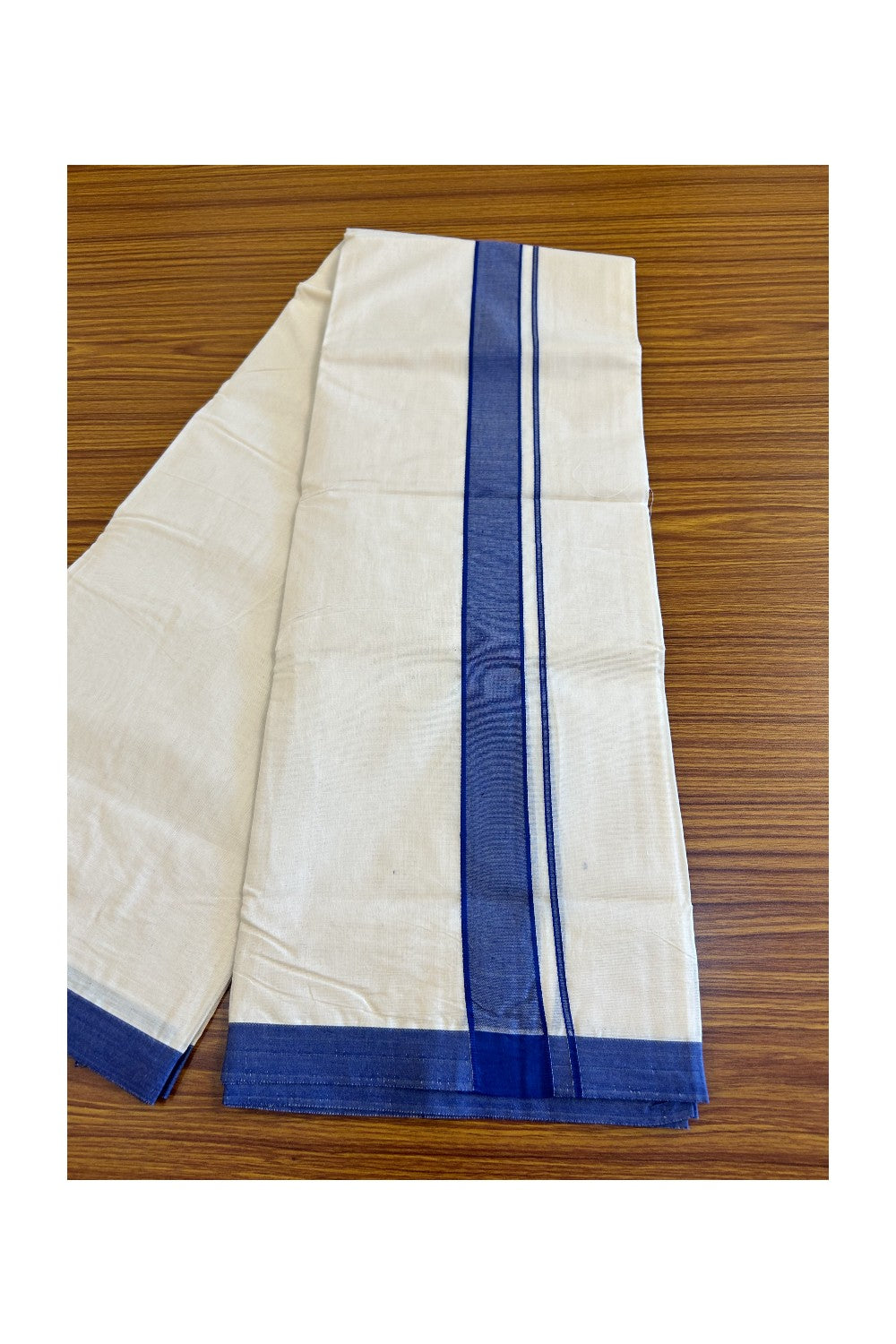 10% Discount KaithariKada Balaramapuram 100% Cotton Double Off white - (Unbleached) Mundu/Dhoti-100x80 - 2 inch Deep Blue Kara 3.70 mtr (8 Muzham) - 5KK500KK