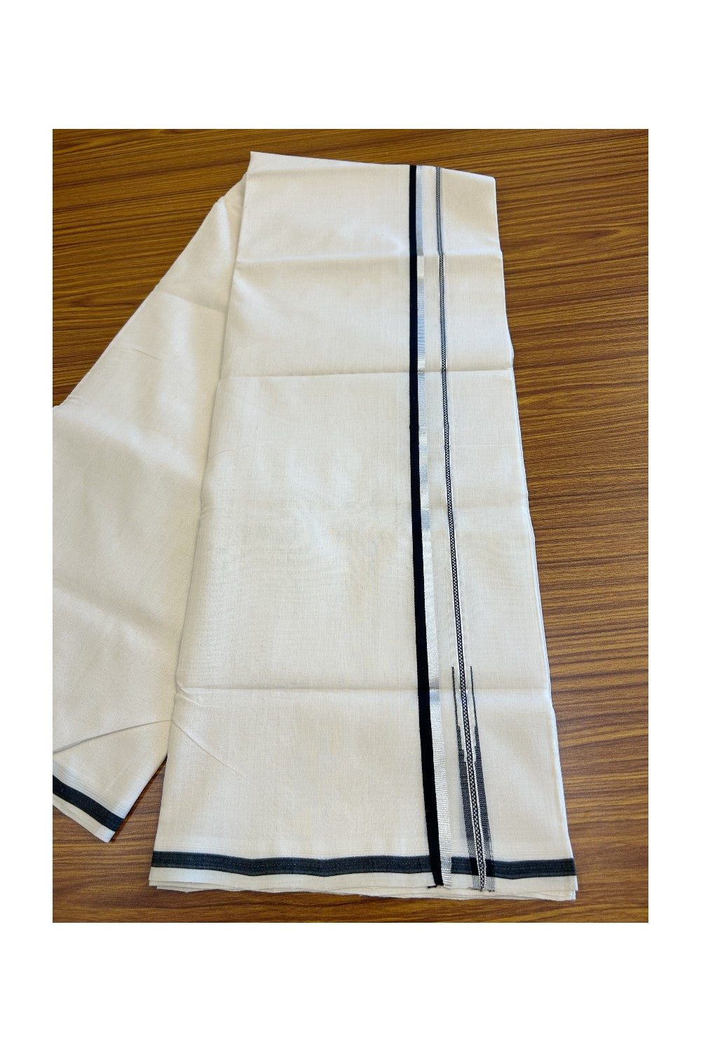 26% Discount!!! KaithariKada HANDLOOM UNAKKUPAAV Balaramapuram - 100% PURE Cotton off white - (Unbleached) Double Mundu/Dhoti - 0.5 inch Silver kasavu & Black puliyilakkara chutty - 5KK5020RAM