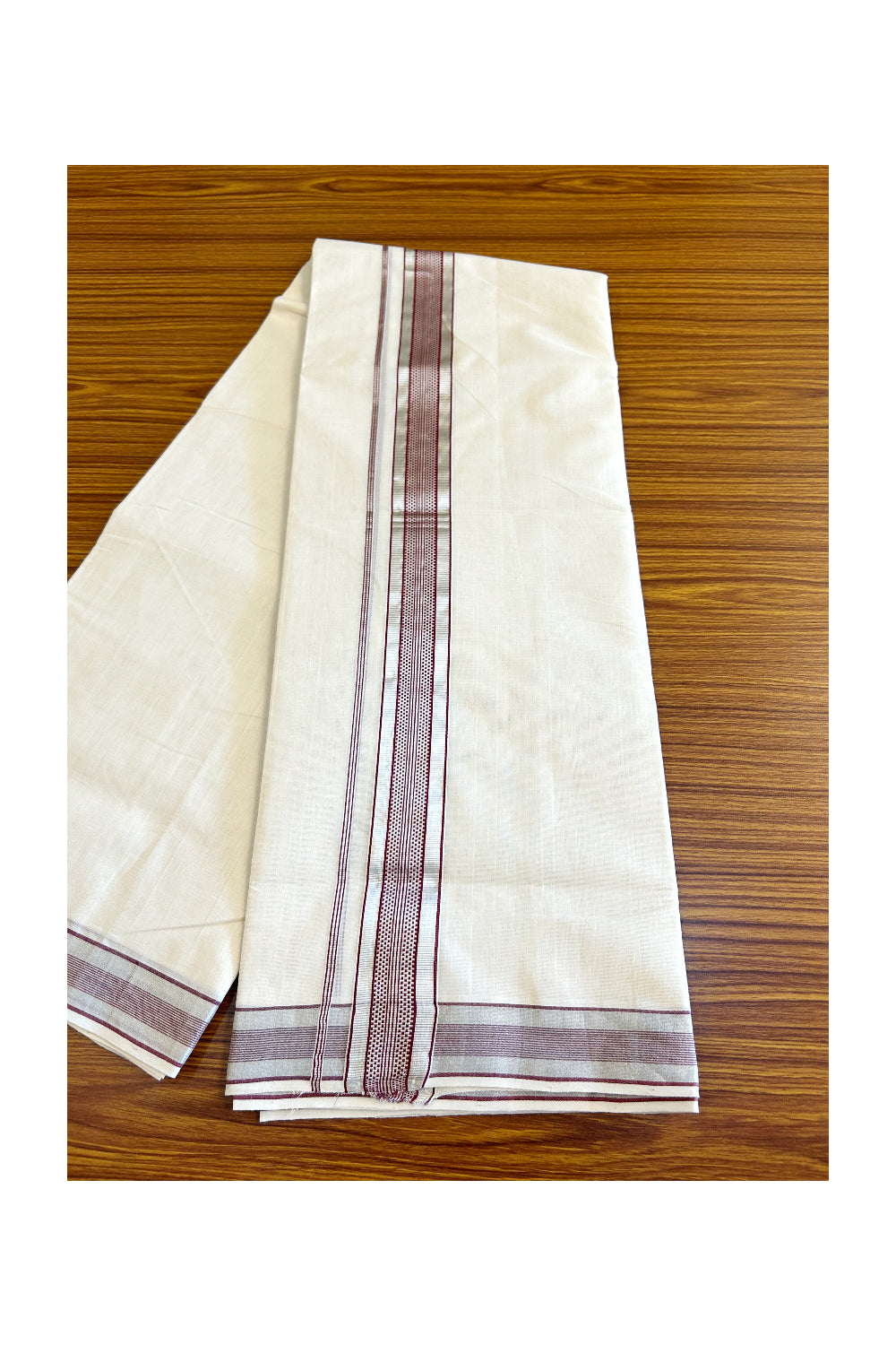 25% DISCOUNT!! KaithariKada HANDLOOM Millpaav Balaramapuram - 100% PURE Cotton OFF White - (Unbleached) Double Mundu/Dothi - 2.5 inch MAROON & Silver stripes kara - 5KK503RAM