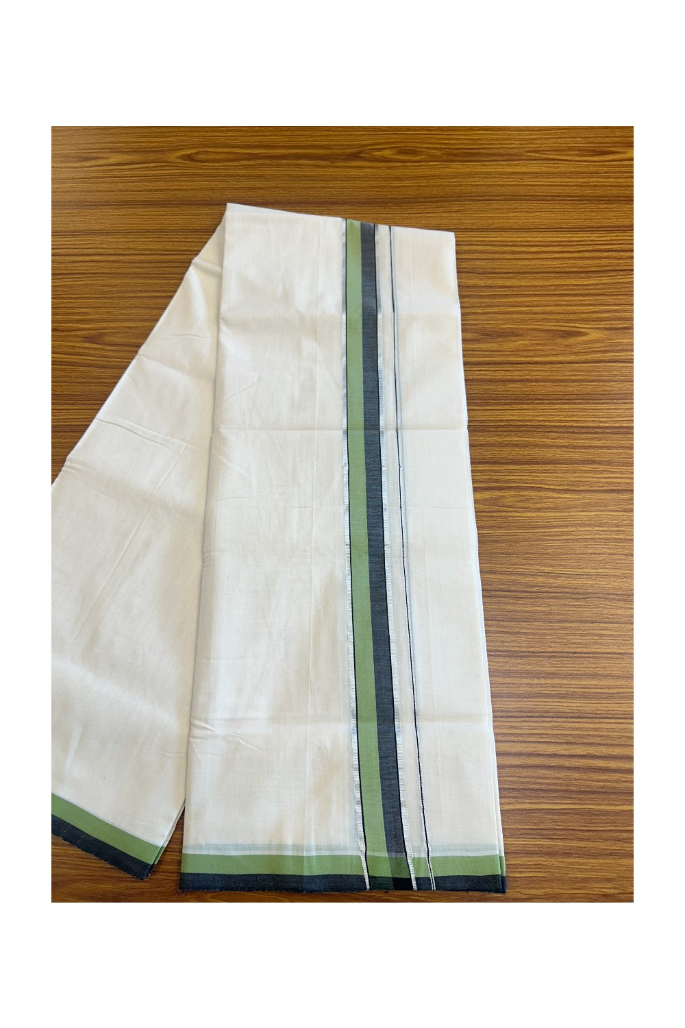 25% Discount KaithariKada HANDLOOM Unakkupaav Balaramapuram - 100% PURE Cotton off white (Unbleached) Double Mundu/Dhoti - 2.inch Silver Kasavu Green & Black-155