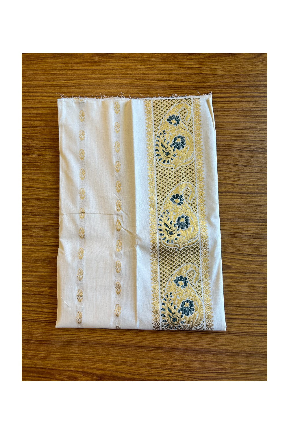 20% Discount ! Kaitharikada Traditional Kerala Style - Churidar Suit Material - Pure Cotton With Gold & Green Mango Design - 5KK505VIN