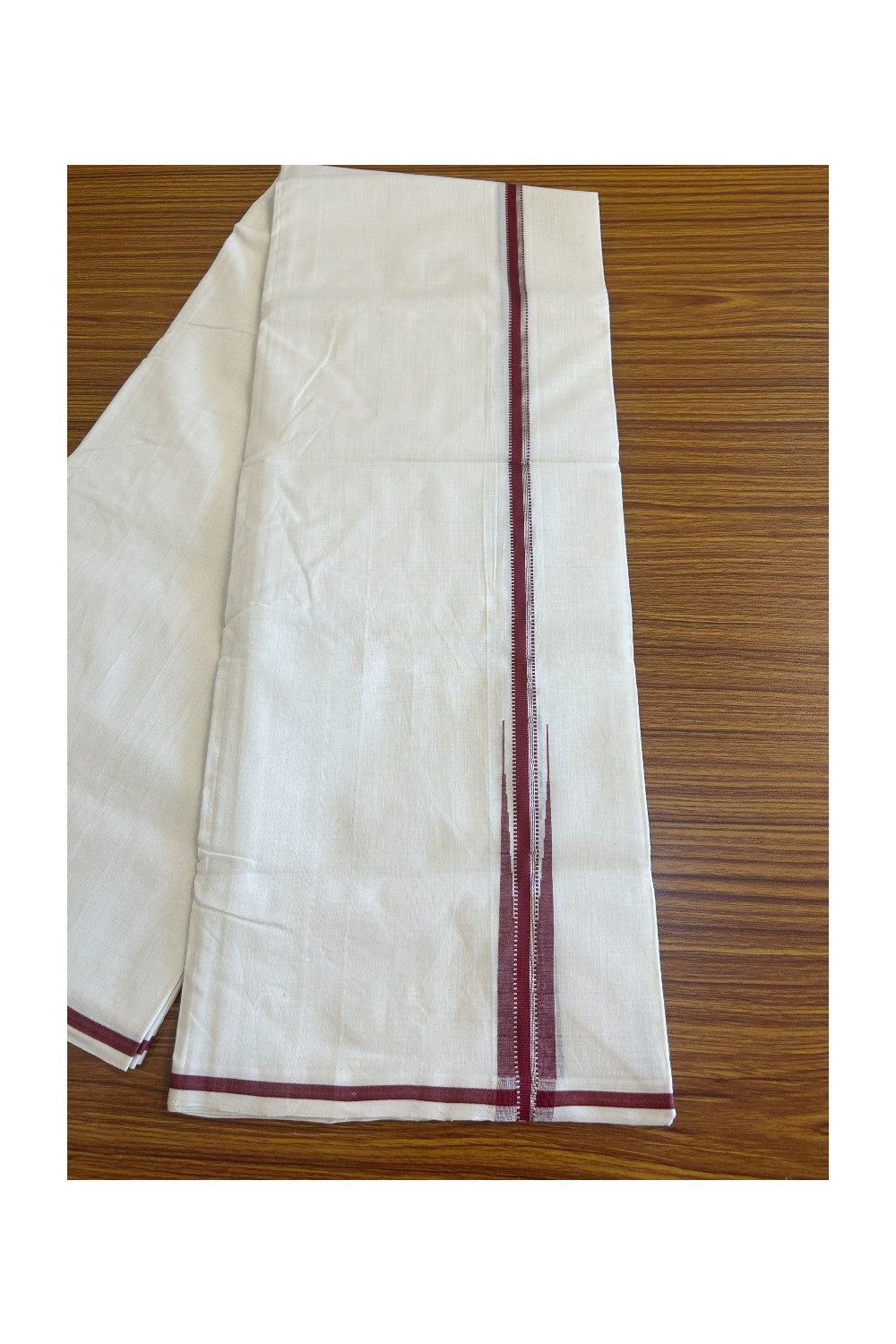 30% DISCOUNT!! KaithariKada HANDLOOM Unakkupaavu Balaramapuram - 100% PURE Cotton OFF White - (Unbleached) Double Mundu/Dothi - Silver Kasavu & Maroon puliyilakkara chutty- 5KK506RAM