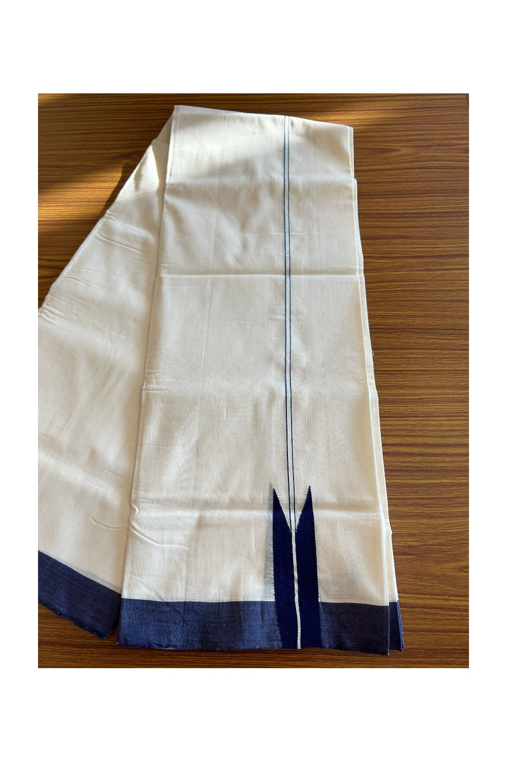 30% DISCOUNT!! KaithariKada BALARAMAPURAM HANDLOOM Unakkupaav - 100% PURE Cotton 100x100 Double Mundu/Dhoti OFF WHITE (Unbleached) - 1.5 inch PULIYILAKKARA Silver Kasavu & Navy Blue Big Chutty KARA - 5KK5089YAR