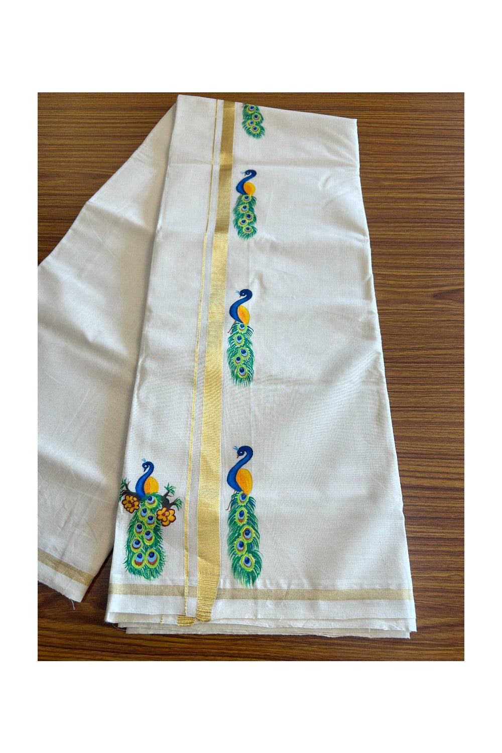 25% Discount!! KaithariKada HANDLOOM Millpaav Balaramapuram - 100% PURE Cotton OFF White - (Unbleached) Double Mundu/Dothi - 1 Inch Kasavu kara Hand Painted Peacock Design - 5KK5091RAM