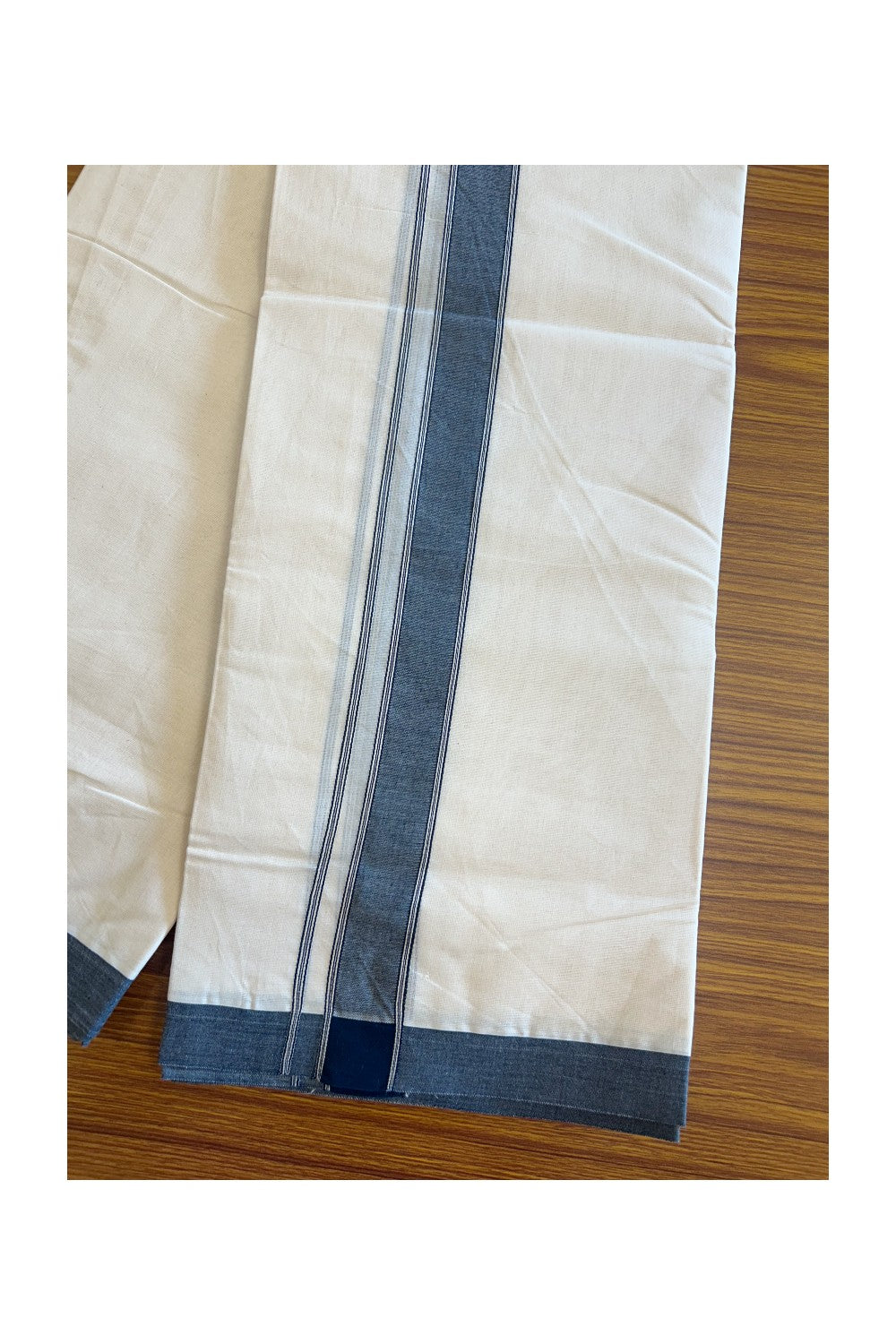 19% Discount ! KaithariKada Balaramapuram 100% Cotton Double Off white - (Unbleached) - Mundu/Dhoti- 100x80 - 1.75 inch Peacock Green Side Striped Kara.- 5KK5101ASH