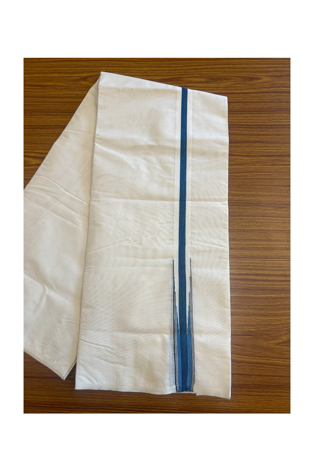 SHORT DHOTI SPECIAL! Kaitharikada.com - 27% Discount! Balaramapuram Double Off white - (Unbleached) Mundu/Dhoti - 100X100 - 1.25 inch Kara & 46 inches Height Puliyilakkara Blue & Black Striped Chutty Kara - 5KK5104ASH