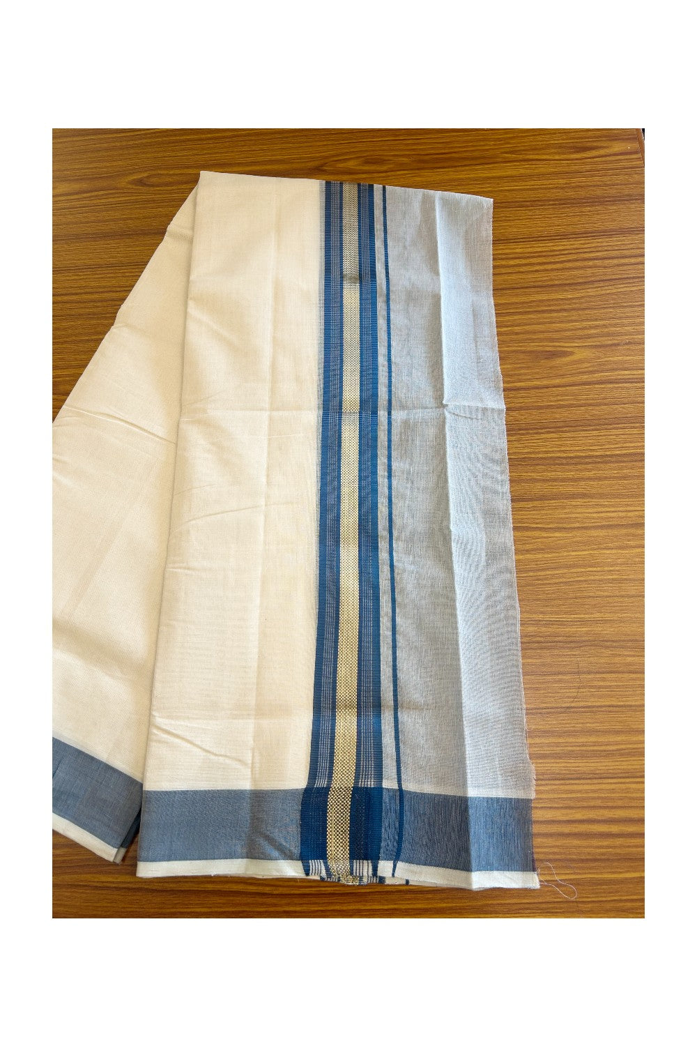 30% DISCOUNT! KaithariKada HANDLOOM Millpaav Balaramapuram - 100% PURE Cotton Off White (Unbleached) - Double Mundu/Dhoti - 7 inch Gold Kasavu & Blue Half Tissue Kara- 5KK5105RAM