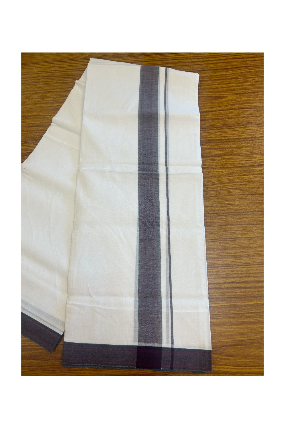 20% DISCOUNT! KaithariKada Balaramapuram 100% Cotton PURE WHITE Double Mundu/Dhoti-100x80 2.25 inch PURPLE & BLACK shaded kara - 5KK5116MR