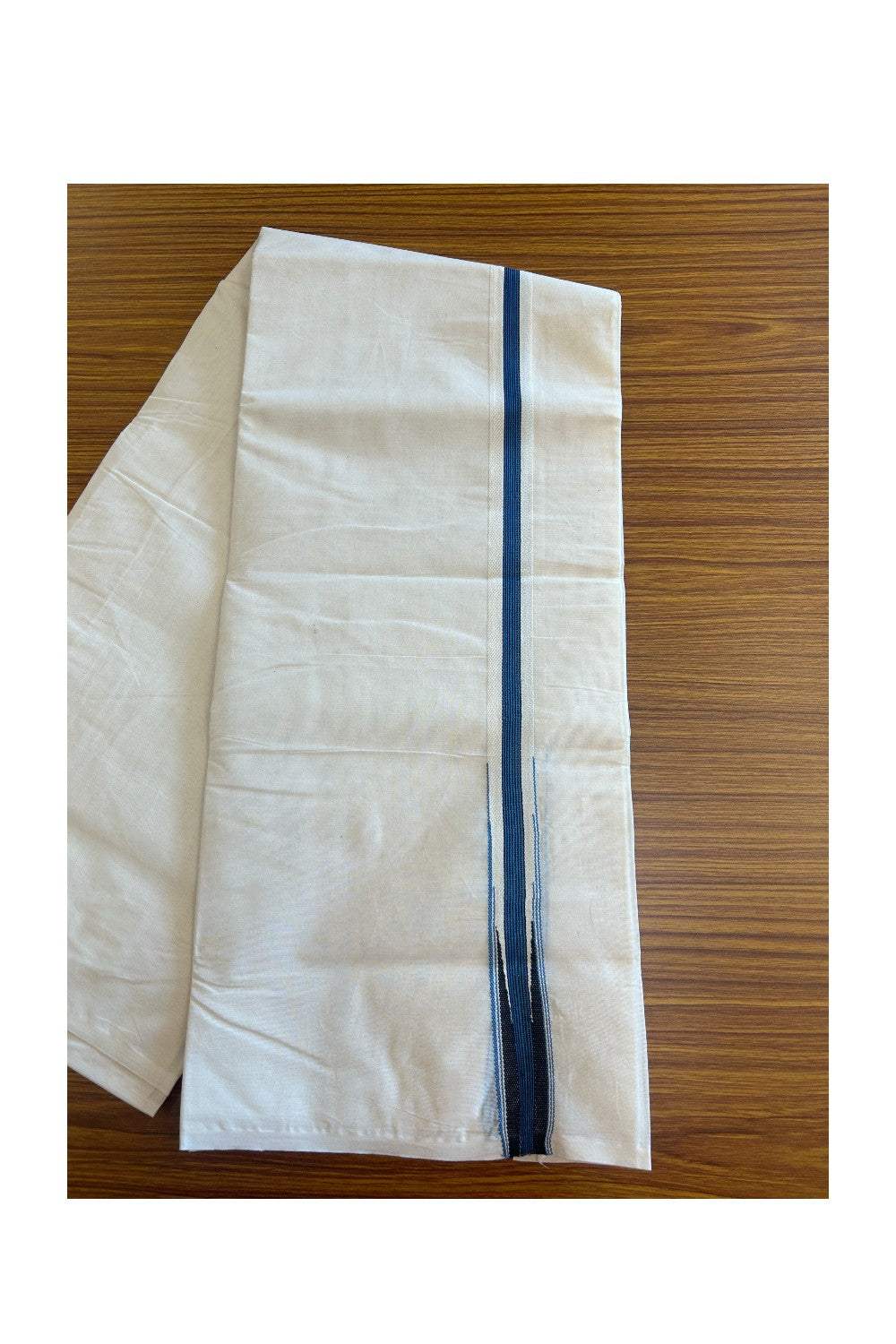SHORT DHOTI SPECIAL! Kaitharikada.com - 19% Discount! Balaramapuram Double Off white - (Unbleached) Mundu/Dhoti - 100X100 - 1.25 inch Kara & 45 inches Height Puliyilakkara Blue & Black Striped Chutty Kara - 5KK5117ASH