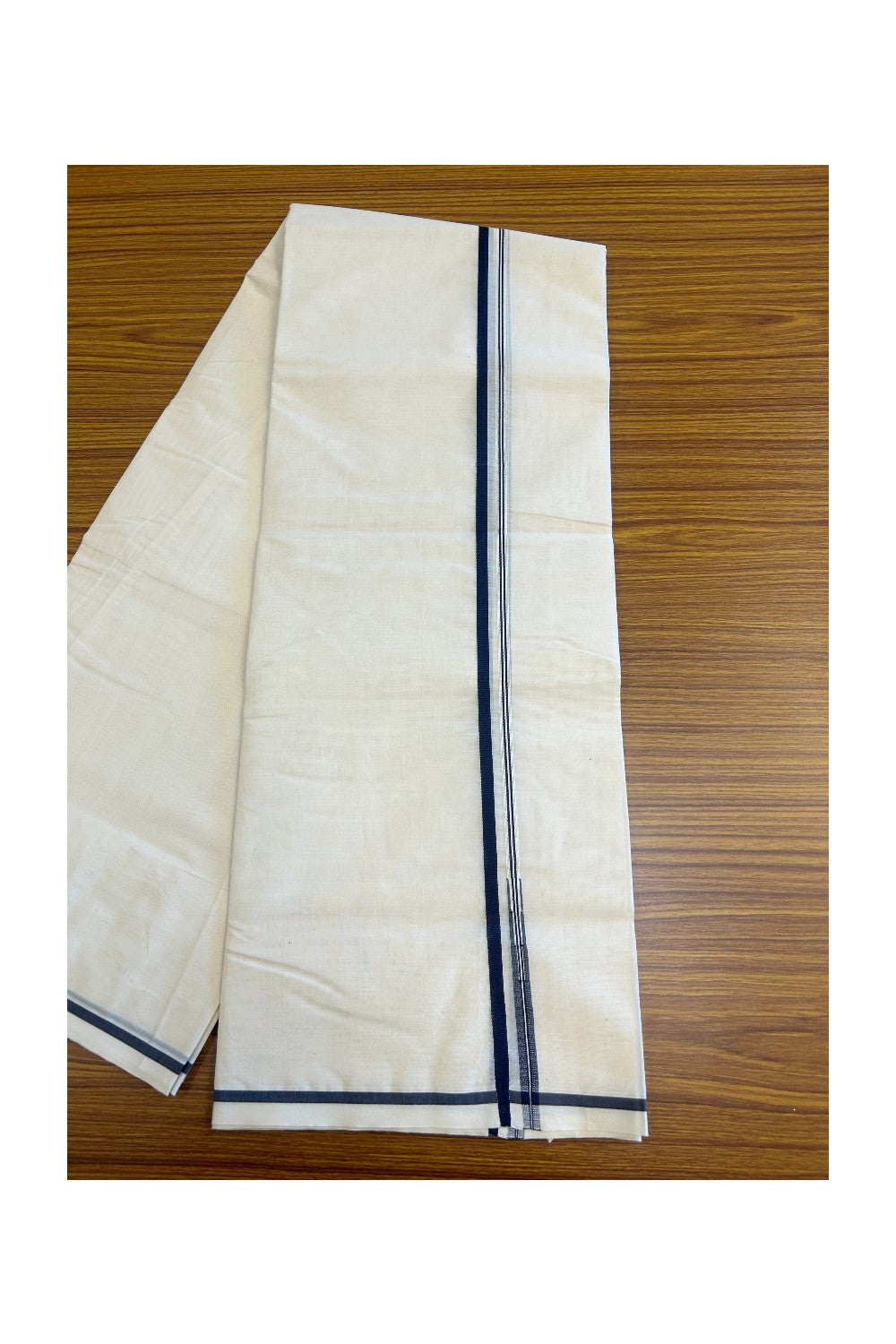 19% DISCOUNT!! KaithariKada Balaramapuram 100% Cotton off white (Unbleached) Double Mundu/Dhoti-100x100 1.cm Navy Blue Puliyilakkara Chutty - 5KK5130ASH