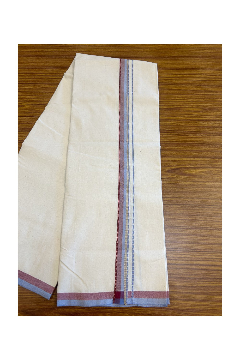 SIGNATURE KAITHARIKADA EXCLUSIVE SINGLE DHOTI - 30% Discount!! 100% Cotton Balaramapuram HANDLOOM Single Mundu/Dhoti - Off White - (Unbleached) 1 inch Lavender Blue & Maroon Kasavu striped Muthukuri kara (2 meters /4 muzham) - 4KK5131KAI