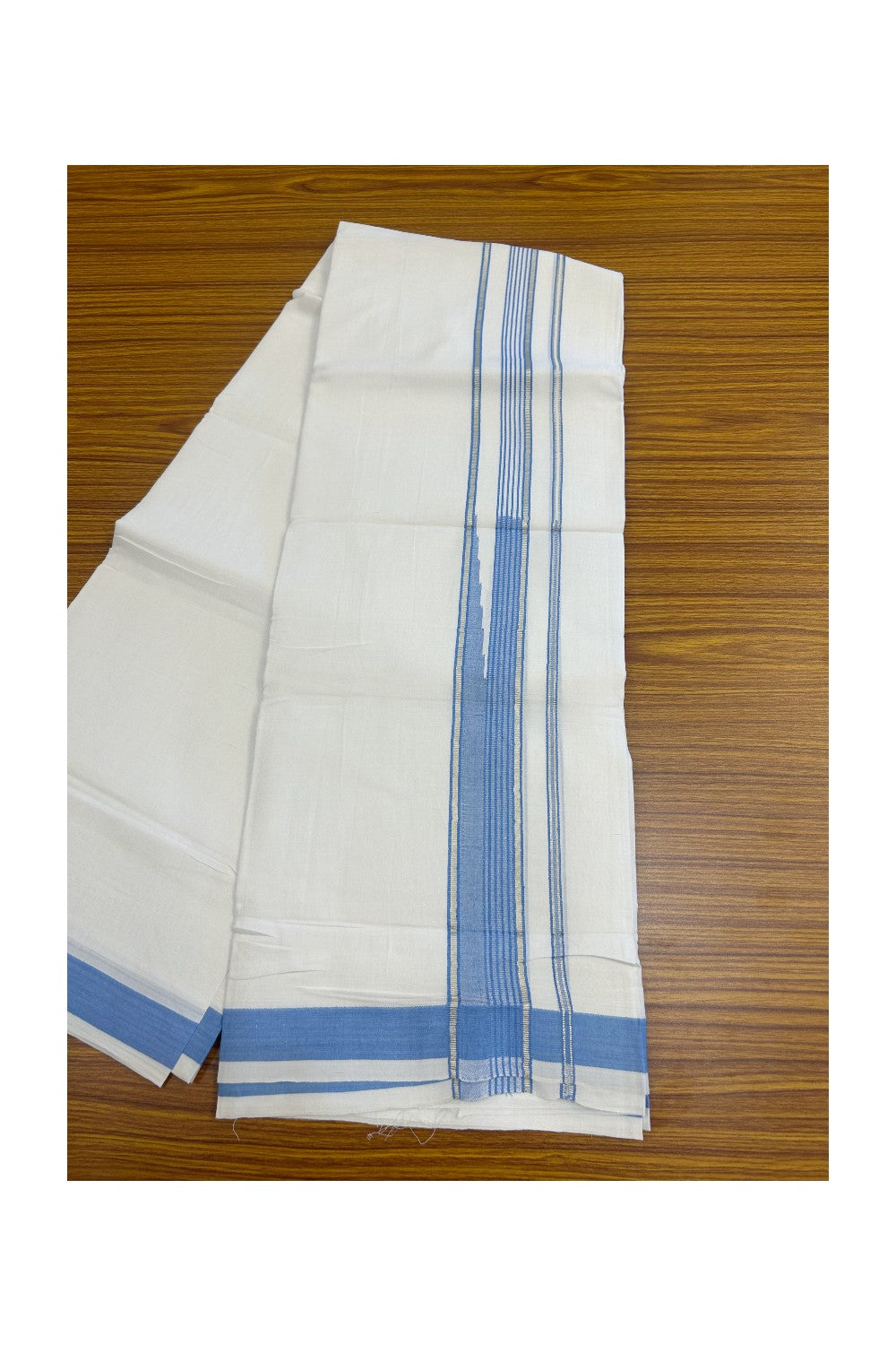 25% DISCOUNT! KaithariKada Balaramapuram 100% Mercerised Cotton Double ULTRA PURE white Mundu/Dhoti - 120x120 - 1.75 inch Heavy Chutty Silver Kasavu & Light Blue Shaded Kara - 5KK5139THI