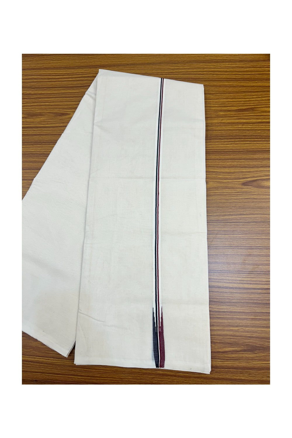 AIADMK VESHTI - 16% DISCOUNT! KaithariKada 100% Cotton off white Double - (Unbleached) Mundu/Dhoti - 100X100 - 0.75 inch Black White & Maroon Chutty kara- 5KK5165ASH