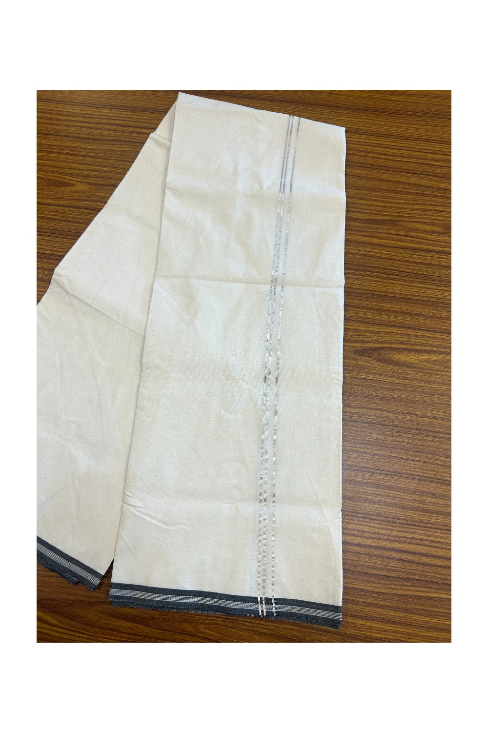 25% DISCOUNT ! KaithariKada Balaramapuram 100% COTTON SINGLE OFF WHITE - (Unbleached) Mundu/Dhoti-Twisted 100s Thread- 0.75 inch Silver Striped Kara (2 meter / 4 muzham) - 5KK5166ASH