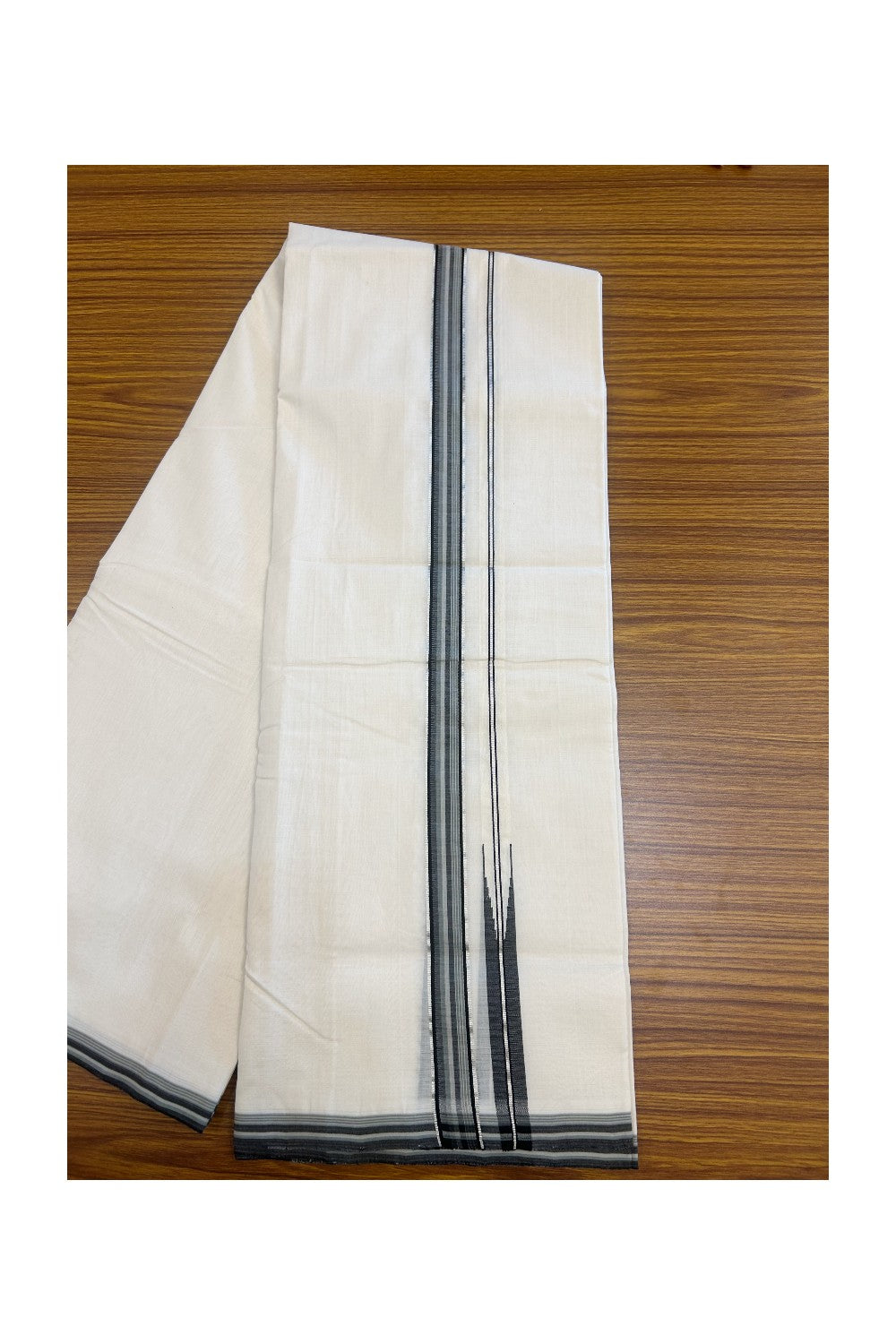 25% DISCOUNT!! KaithariKada HANDLOOM UNAKKUPAAV Balaramapuram - 100% PURE Cotton OFF White - (Unbleached) Double Mundu/Dothi - 100X100 - 1 inch Silver kasavu Puliyilakkara Black & Sage grey stripes chutty 3.80 meter (8.5 Muzham) - 6KK5167REA