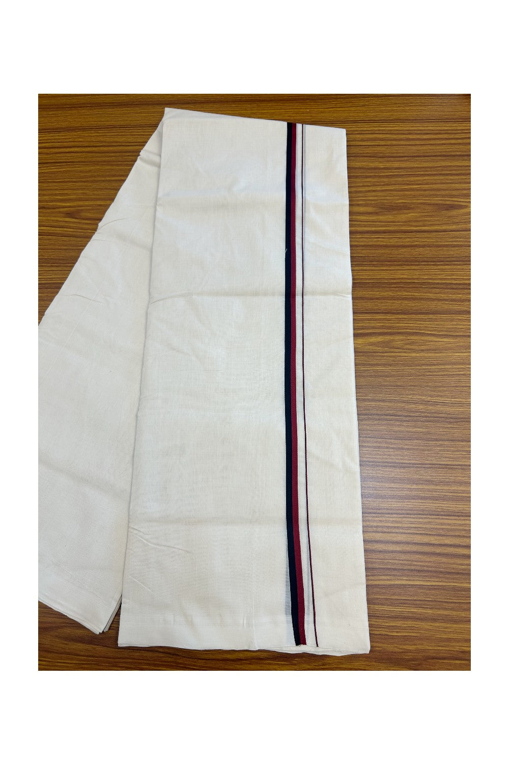DMK Veshti - 25% Discount!!! KaithariKada HANDLOOM UNAKKUPAAV Balaramapuram - 100% PURE Cotton off white (Unbleached) Double Mundu/Dhoti - 0.5 inch Light Maroon & Black kara DMK - 14KK5170RAM