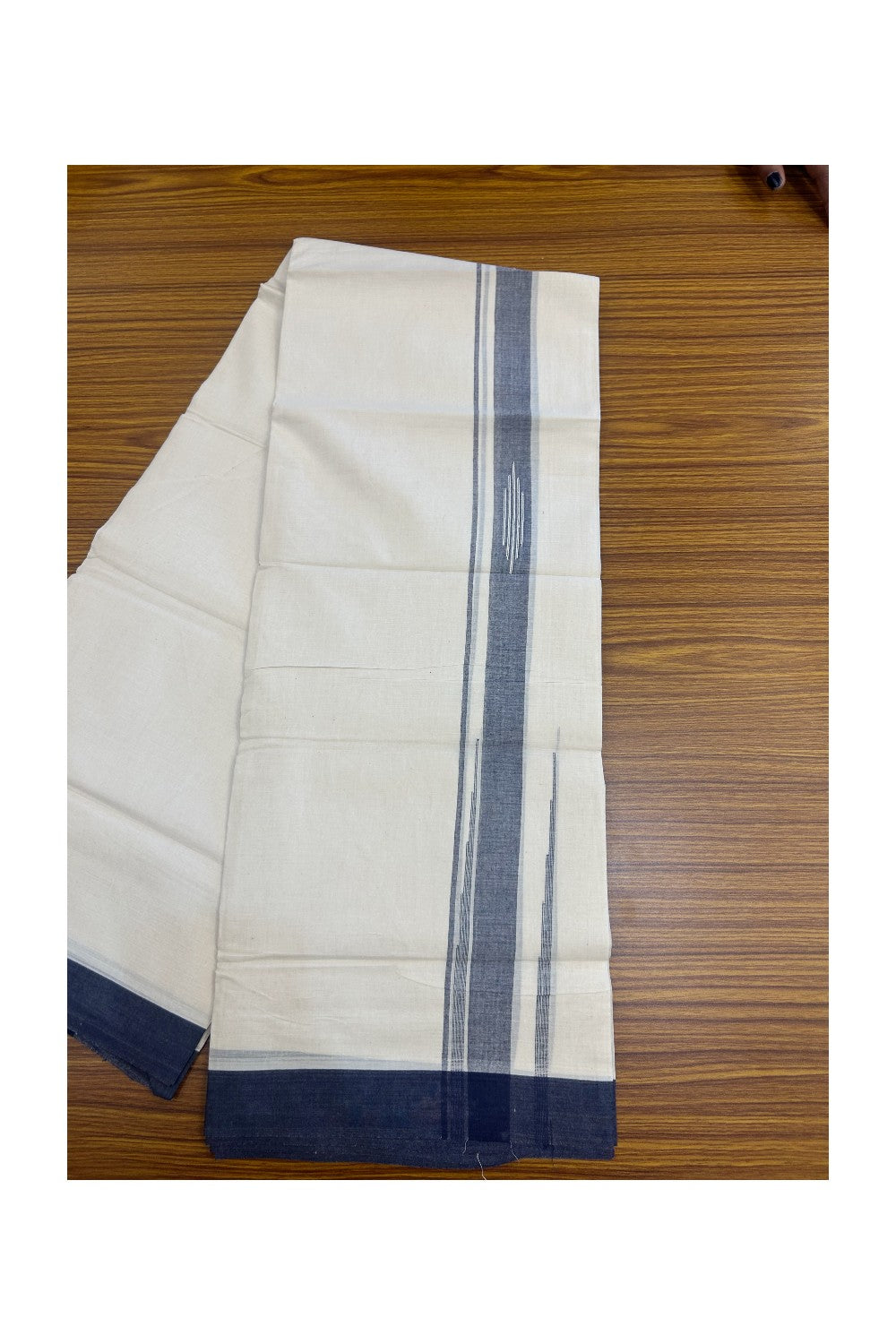 25% DISCOUNT! KaithariKada Balaramapuram Double OFF WHITE 100% Cotton Mundu/Dhoti - 100x80 - 2 inch Putta Design Navy Blue chutty kara - 5KK5174THI
