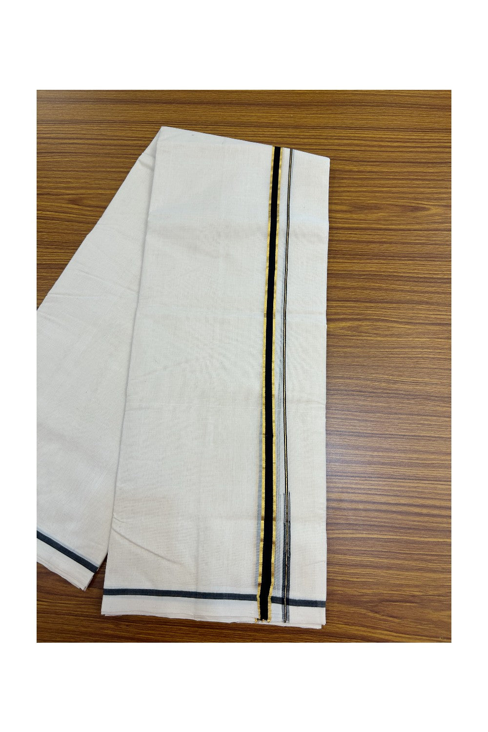 25% DISCOUNT!! KaithariKada HANDLOOM MILLPAAV Balaramapuram - 100% PURE Cotton OFF White Double - (Unbleached) Mundu/Dothi - 100x100 - 0.75 inch Black & Gold Kasavu chutty - 5KK5175RAM