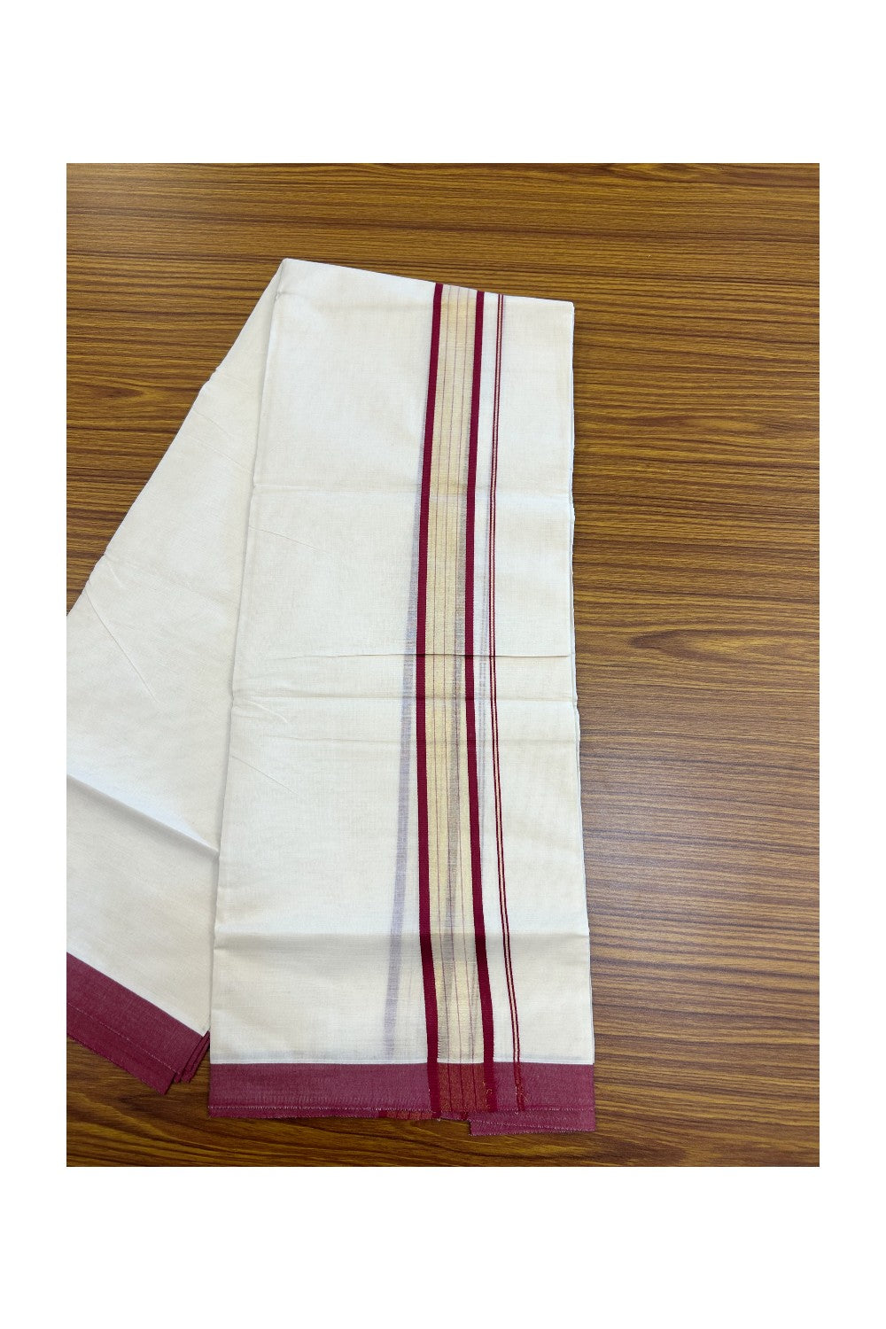 20% DISCOUNT! KaithariKada Balaramapuram Double OFF WHITE Mundu/Dhoti - 80x90 - 1.75 Inch Tissue Maroon striped Kara - 5KK5182VAS