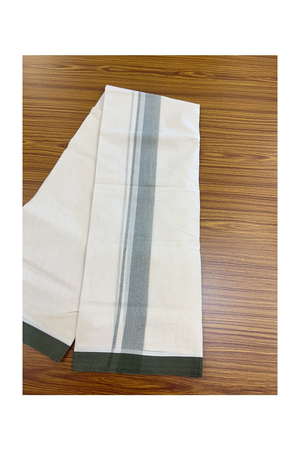 20% Discount ! Kaitharikada Balaramapuram 100% Cotton Double Off white (Unbleached) Mundu/Dhoti - 100x80 - 1.5 inch Dark Olive green shaded Kara - 5KK5186CKS
