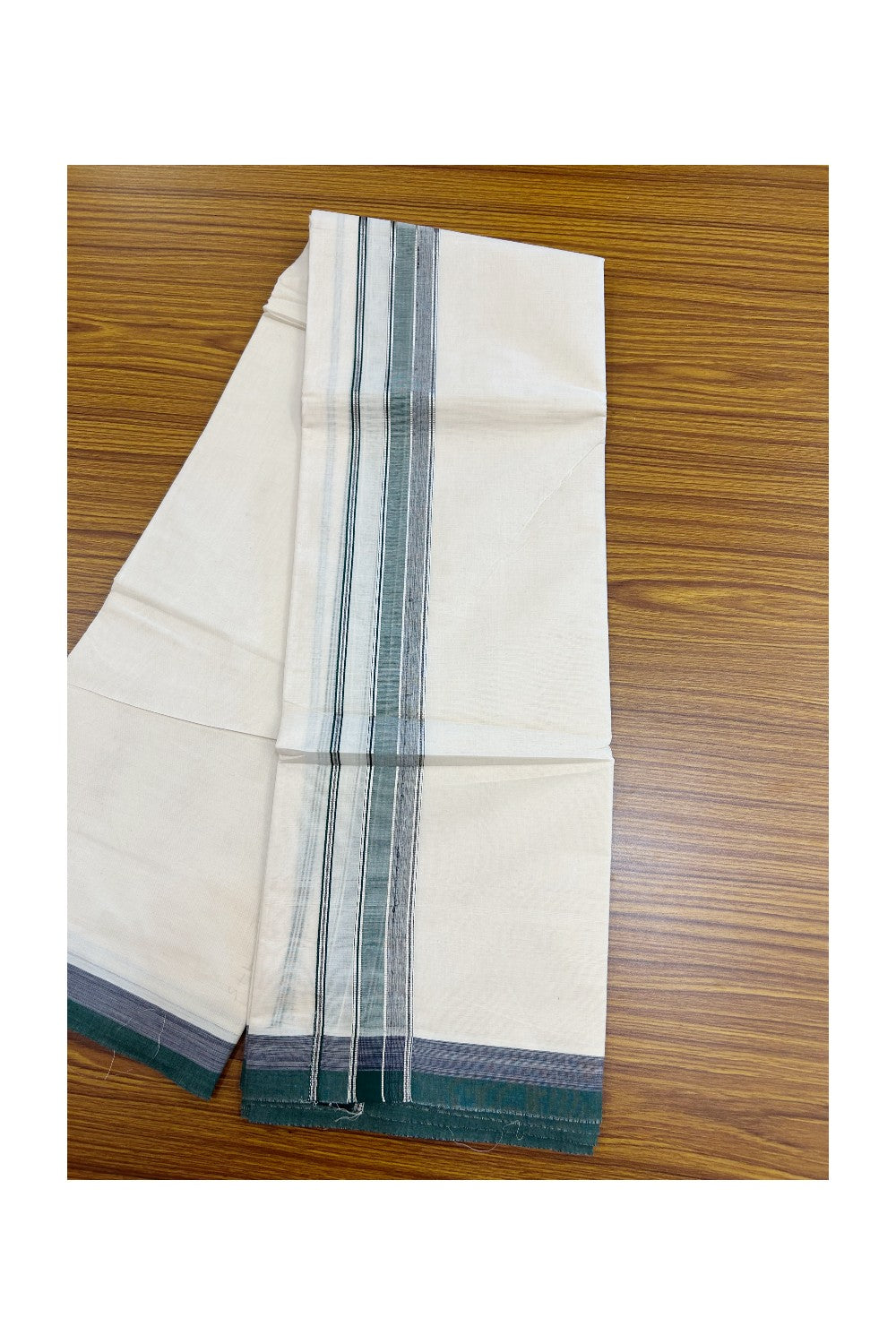 20% DISCOUNT! KaithariKada Cotton OFF White - 100x80 thread- NORTH INDIAN ATTACHED GAMCHA - 9X5 Dhoti - 1.5 inch Silver Kasavu Shaded Dark Green & Violet Stripes Kara - 5KK5189PMC