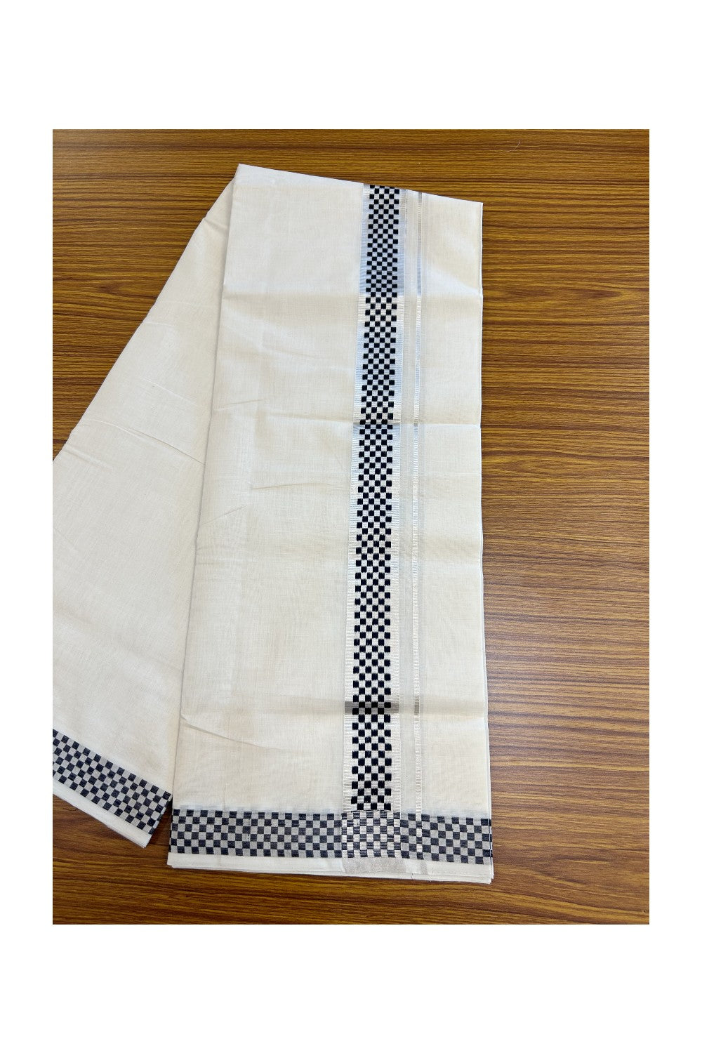 25% DISCOUNT ! KaithariKada HANDLOOM Unakkupaav Balaramapuram - 100% PURE Cotton Off White - (Unbleached) Double Mundu/Dhoti - 1.75 inch Silver Kasavu & Navy Blue Jacquard Square Design Kara - 5KK5190ABH