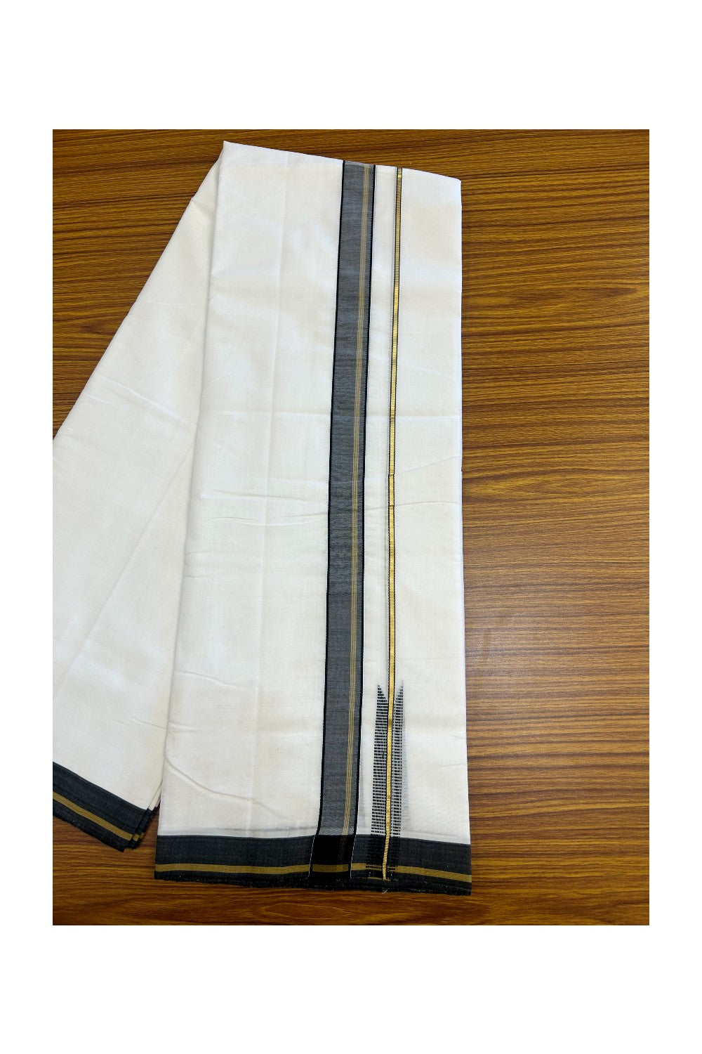 25% Discount!! NEW ULTRA PURE WHITE HANDLOOM Balaramapuram - 100% Mercerised Cotton Double Mundu/Dhoti - 120(Twisted) x 80 - 0.5 inch Black Kasav & Sand Brown Puliyilakkara Chutty - 5KK5195REA
