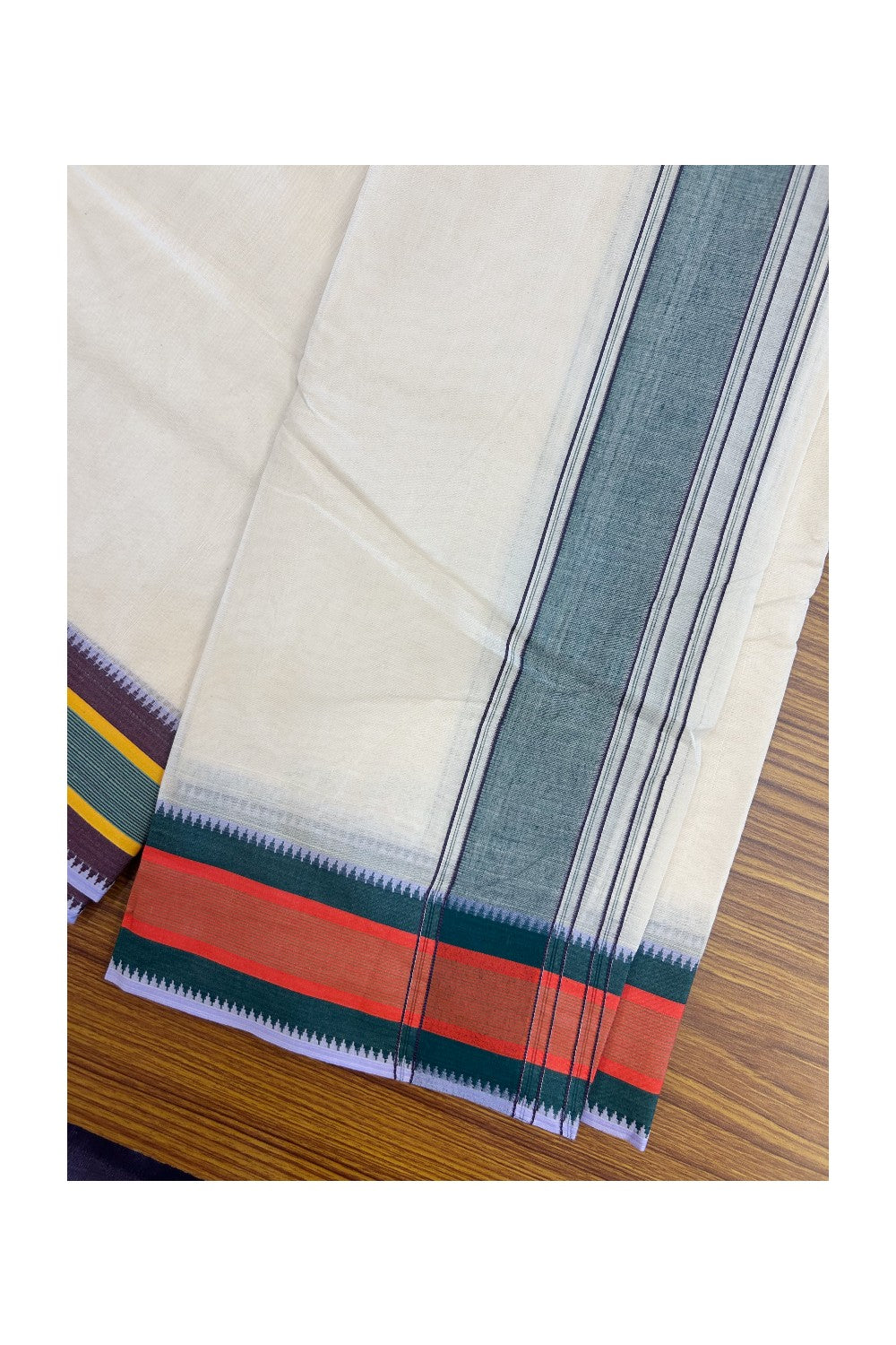 Panchakacham Dhoti -20% DISCOUNT! KaithariKada 100% Cotton Off White - (Unbleached) - Pure Cotton -100x100 thread - NORTH INDIAN - ATTACHED GAMCHA 9X5 Dhoti Green kara with Yellow Green & Brown Red Striped border - 5KK5196PMC