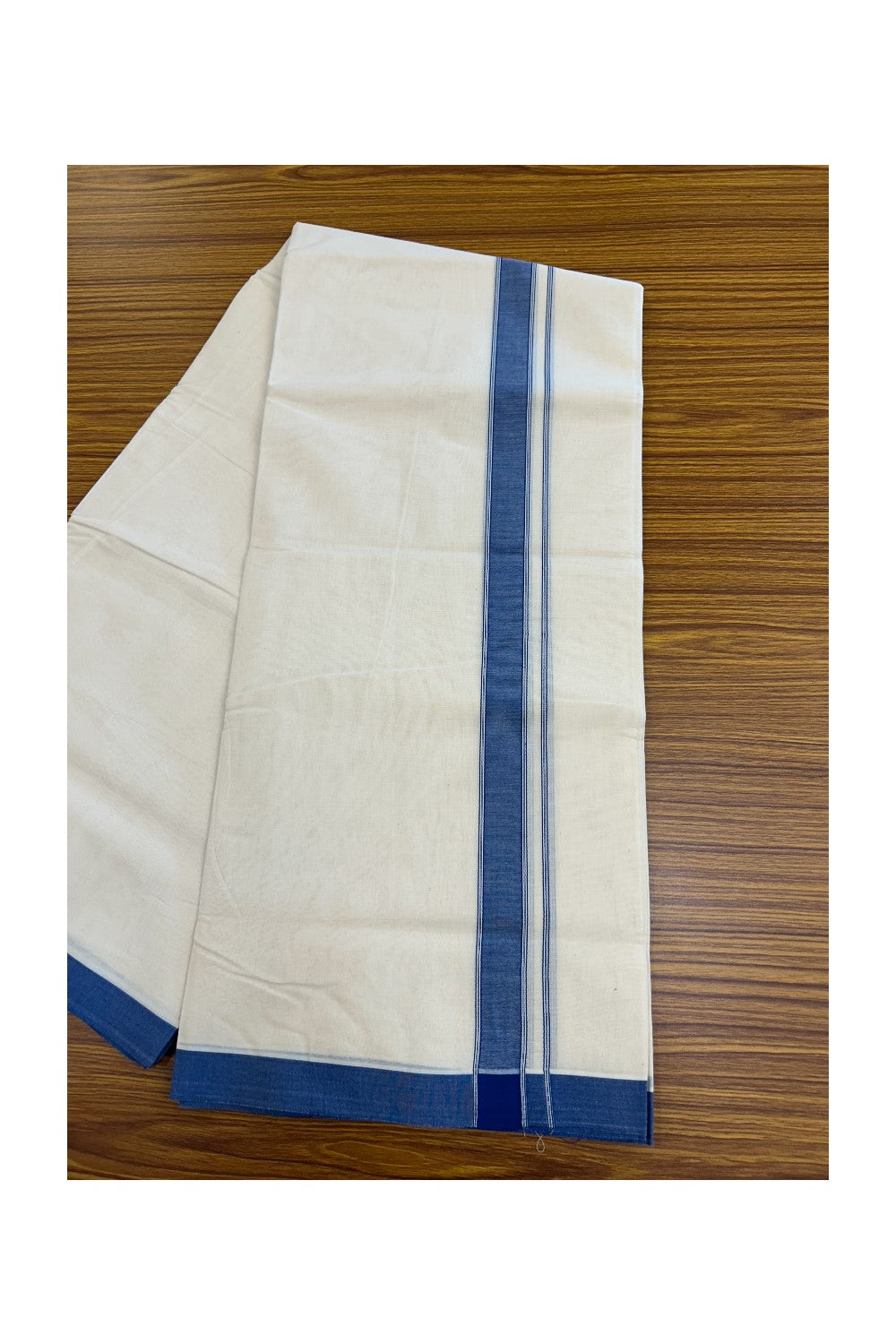20% DISCOUNT ! KaithariKada 100% Cotton OFF WHITE (Unbleached) Double Dhoti/Mundu- 1.25 inch Blue Striped Kara 4.50 Meters (10 Muzham) - 5KK5203ASH