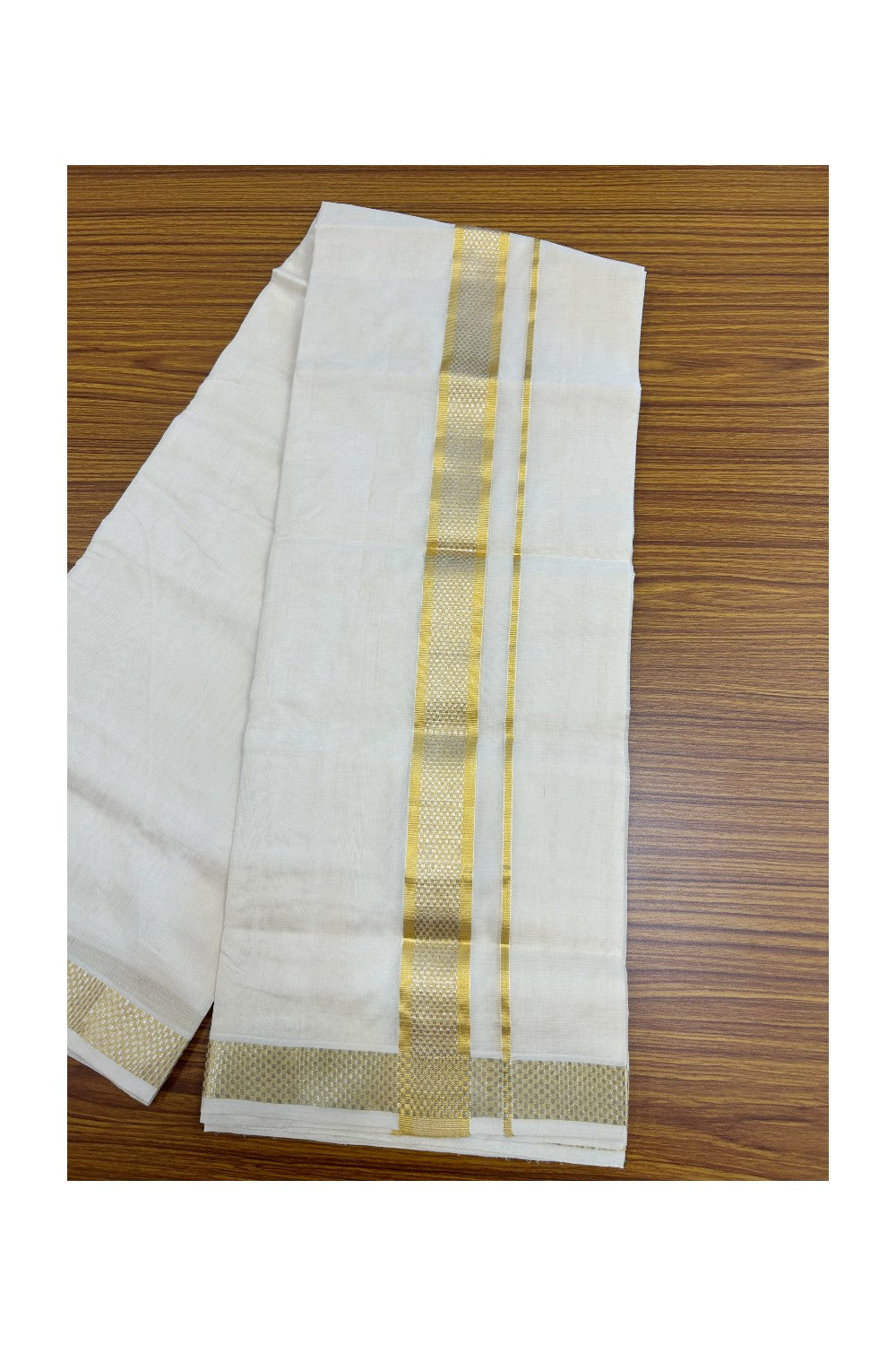 HANDLOOM Pure SILK Dhoti NEW! 25% DISCOUNT from Kaitharikada.com - BALARAMAPURAM Handloom Unakkupaav - OFF WHITE - Double Mundu/Dhoti - 100x100 - Pure cotton + Silk - 1.75 inch Gold Kasavu Designer Kara - 5KK5206 ABH