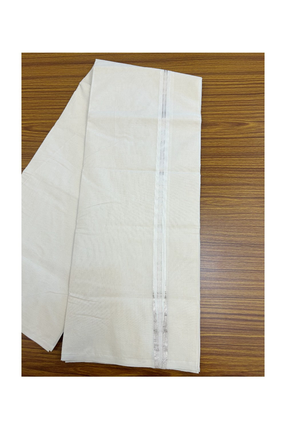 20% Discount! KaithariKada Balaramapuram 100% Cotton Double Off white - (Unbleached) Mundu/Dhoti-(100X100)- 0.75 inch Puliyilakkara Silver Striped Chutty Kara- 5KK5207ASH