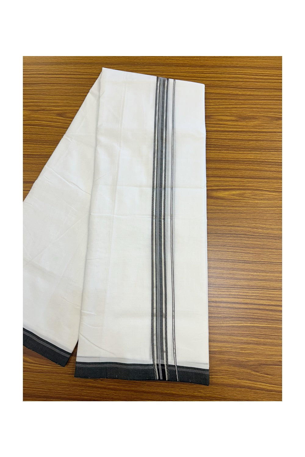 25% Discount!! NEW ULTRA PURE WHITE HANDLOOM Balaramapuram - 100% Mercerised Cotton Double Mundu/Dhoti - 120 twisted warp x 80s weft - 1 inch Silver Kasavu & Black Striped Design Kara- 5KK5209 REA