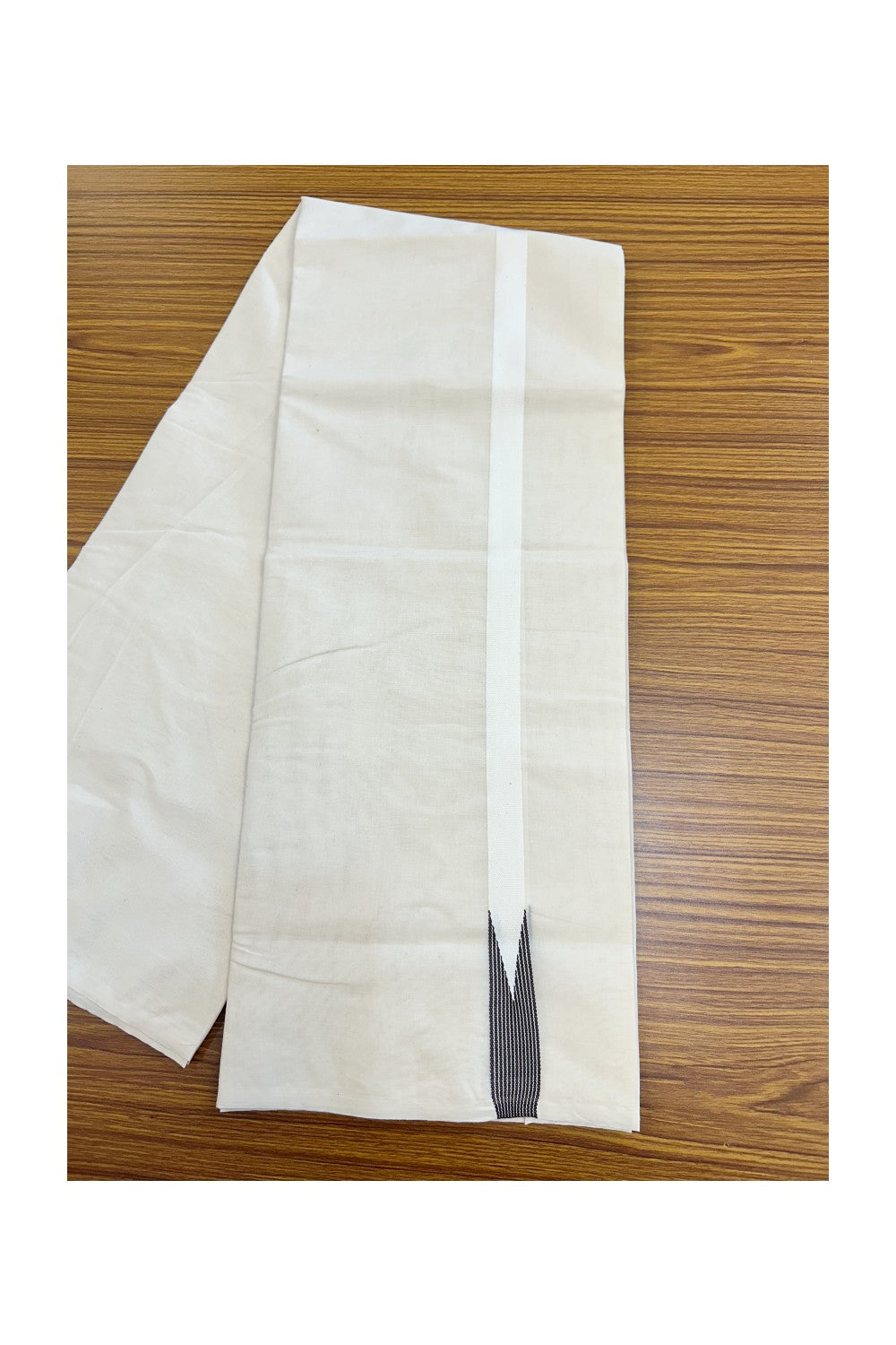 20% DISCOUNT ! KaithariKada Balaramapuram 100% COTTON Double OFF WHITE (Unbleached) Mundu/Dhoti- 100x100 - 1 inch Puliyilakkara Brown Striped Chutty Kara - 5KK5211ASH