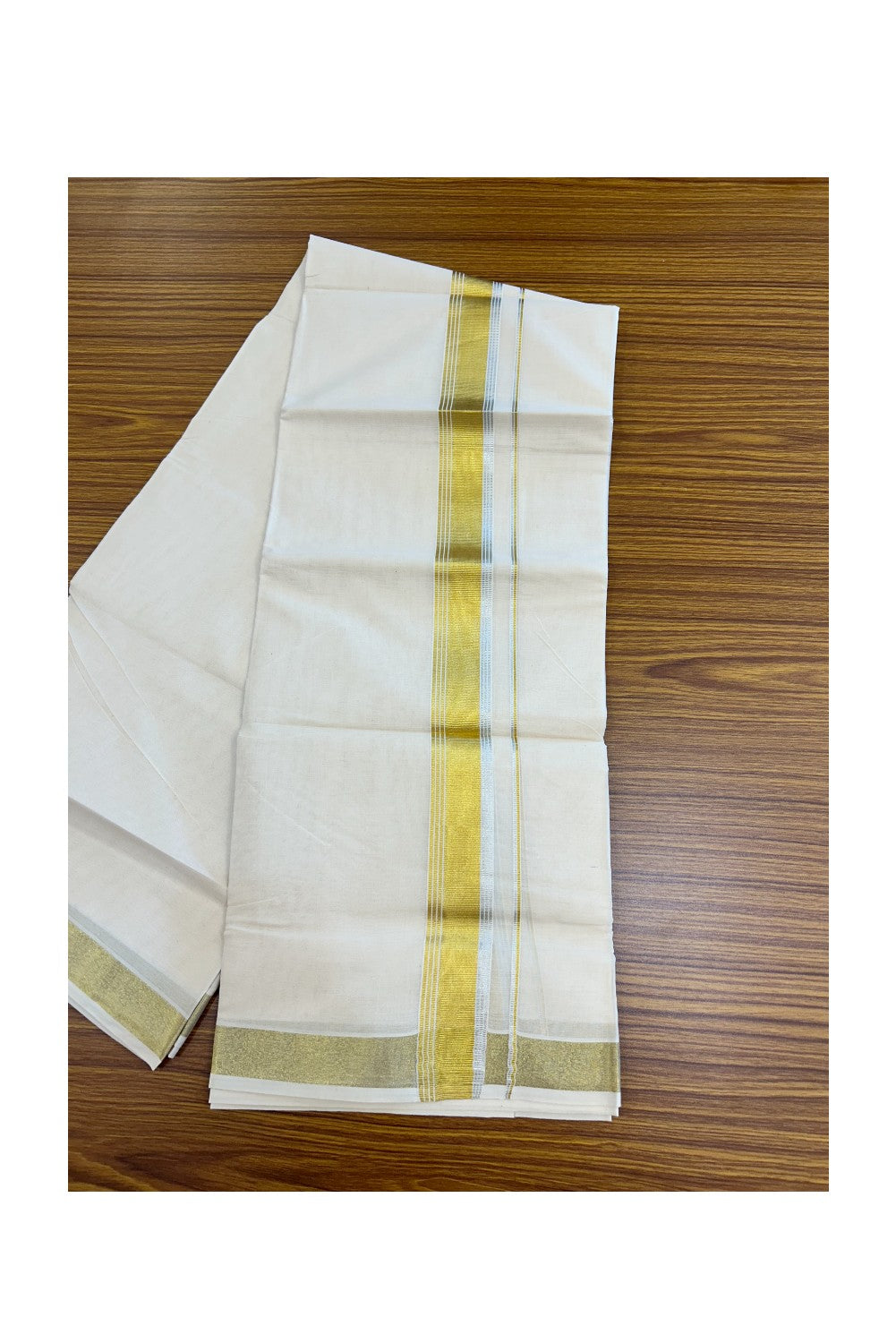 20% DISCOUNT ! KaithariKada Balaramapuram - 100% PURE Cotton Off White - (Unbleached) Double Mundu/Dhoti - 100X80 - 1.5 inch Gold Kasavu & Silver Kasavu Striped Kara - 5KK5212 VIN