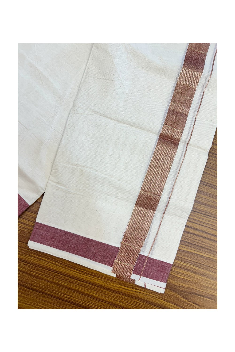 20% DISCOUNT ! KaithariKada Balaramapuram Mixed Cotton OFF WHITE (Unbleached) Double Mundu/Dhoti - 60s Thread Mixed Cotton - 1.5 inch Maroon & Gold Kasav Kara - 5KK5213 VIN