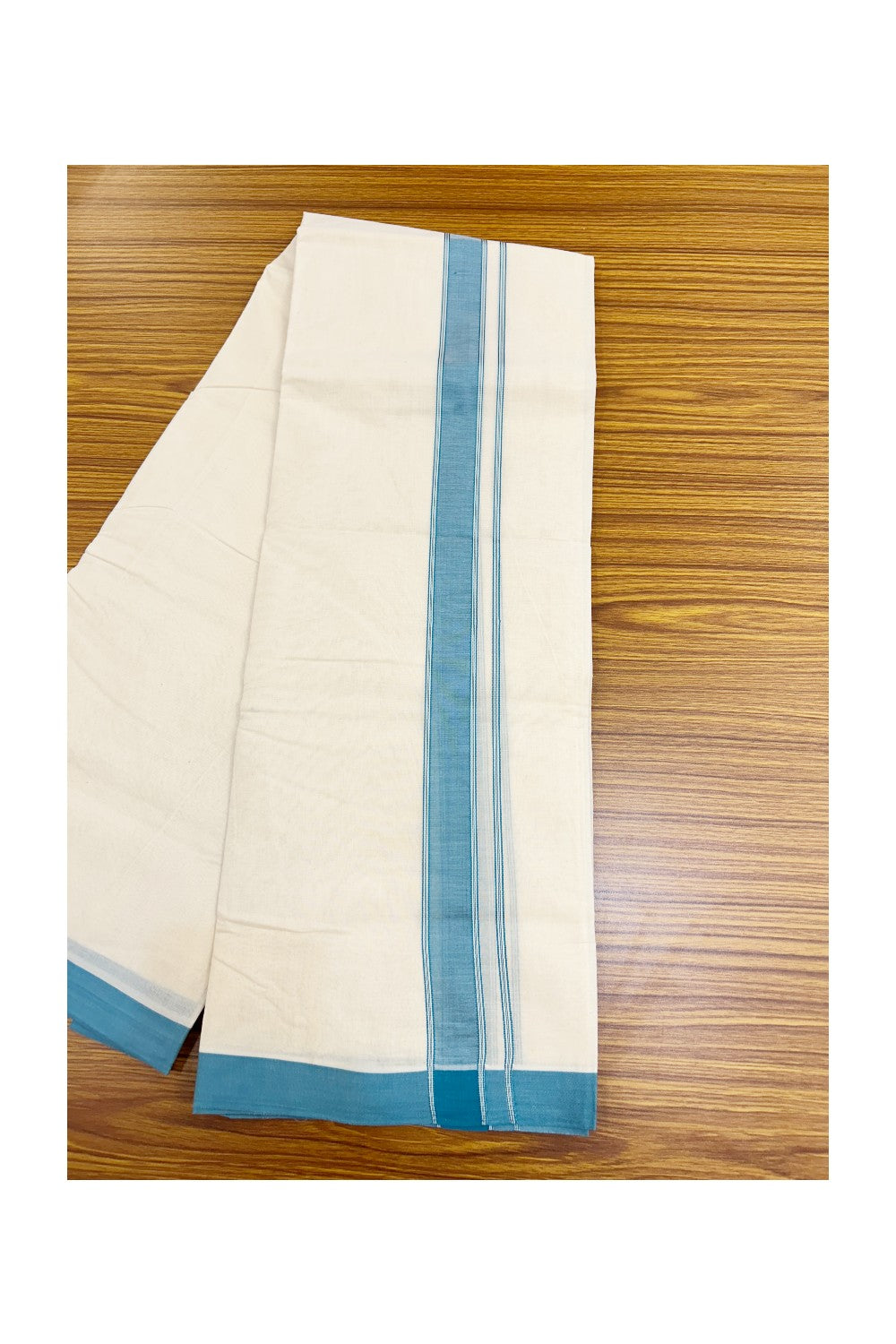 NEW !! 20% DISCOUNT!! KaithariKada Balaramapuram 100% Cotton Double Off white - (Unbleached) Mundu/Dhoti-100x80 - 1.25 inch Light Peacock Blue Shaded Striped KARA - 3.75 mtr (8 Muzham) - 5KK5218 ASH
