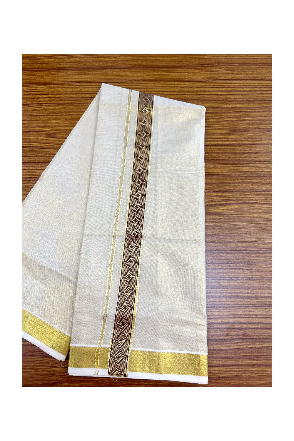 22% DISCOUNT!! KaithariKada Balaramapuram Double OFF WHITE Mundu/Dhoti - 80x72 - Tissue Body with 1.5 Inch Brown & Gold Kasav Printed Design Kara - 5KK5219 GAN