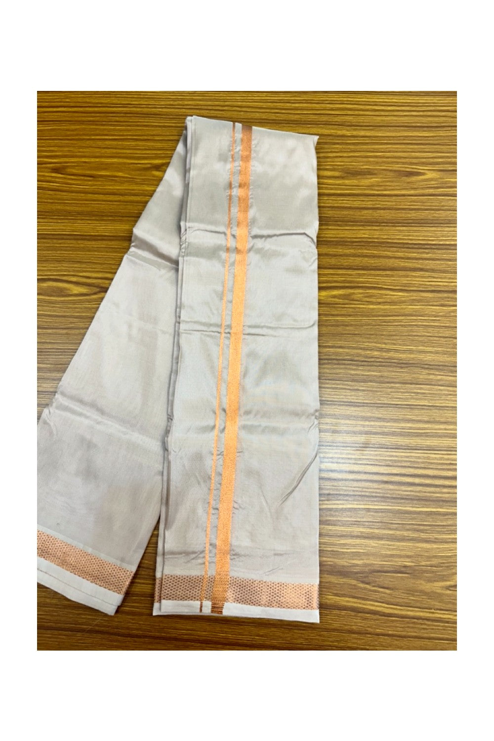 12% Discount!! KaithariKada Balaramapuram 100% Silk Double Mundu/Dhoti - Light Brown Colour Body - 0.5 inch Copper Kasavu Kara 3.60 mtr (8 muzham) - 5KK5222 GAN