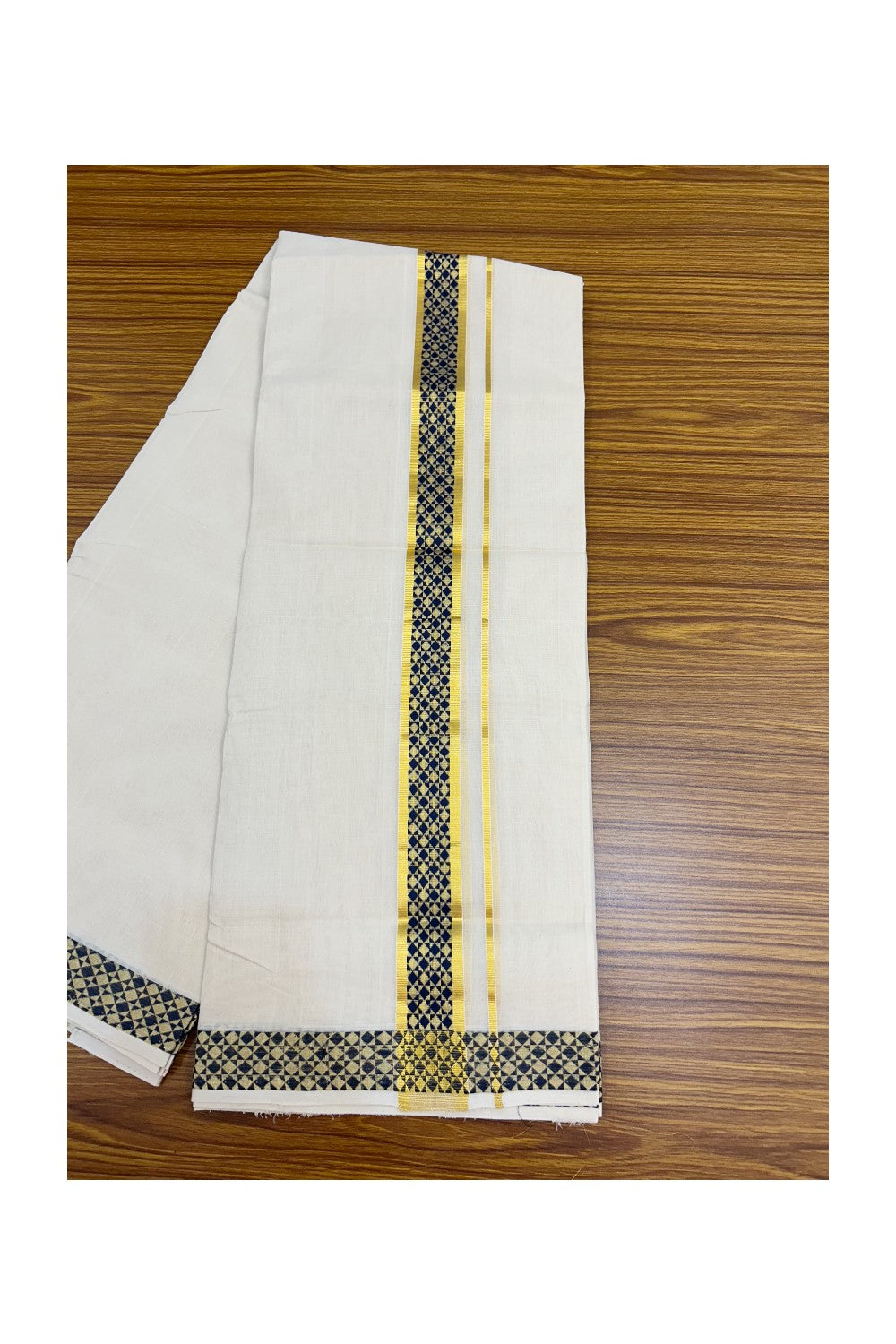 25% DISCOUNT ! KaithariKada HANDLOOM Unakkupaav Balaramapuram - 100% PURE Cotton OFF WHITE - (Unbleached) Double Mundu/Dhoti - 80x90 - 1.75 inch Gold Kasavu & Navy blue Jacquard Design Kara 4 mtr (8.5 Muzham) - 4KK5231 ABH