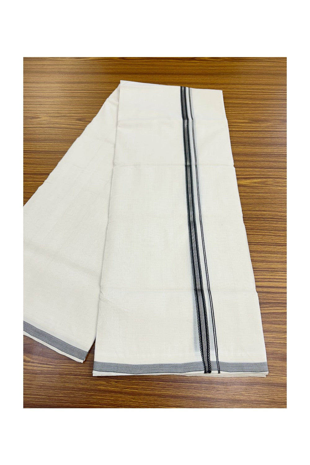 25% Discount! KaithariKada HANDLOOM UNAKKUPAAV Balaramapuram - 100% PURE Cotton OFF WHITE (Unbleached) Double Mundu/Dhoti - 80x90 - 0.5 inch Muthukkuri Silver striped black kara 4 Mtr (8.5 Muzham) - 5KK5235 YAR