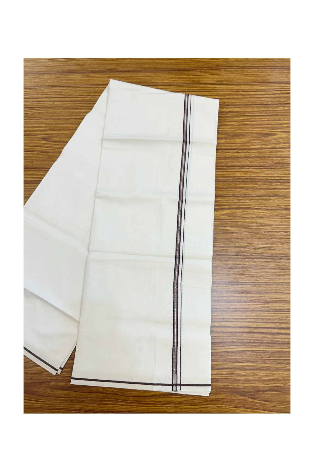 24% Discount !! KaithariKada Balaramapuram 100% Cotton OFF WHITE (Unbleached) Single Mundu/Dhoti - Twisted 60s Thread - 1 cm Silver Kasavu Brown Thin Kara (2 meter / 4 muzham) - 3KK5236 GL