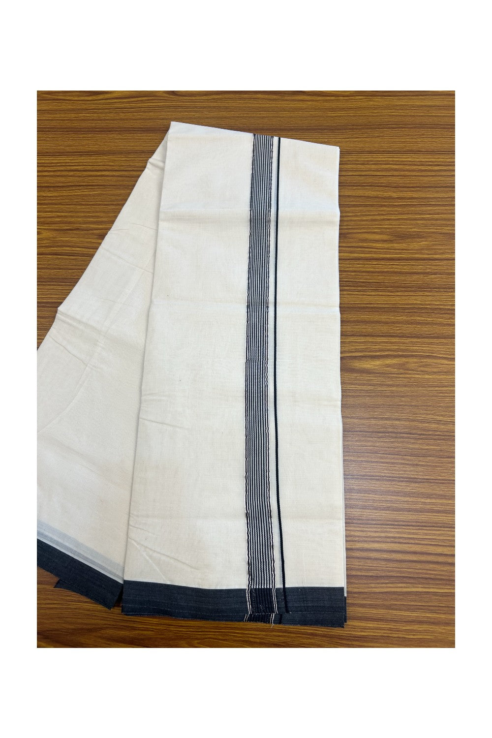 20% Discount KaithariKada Balaramapuram 100% Cotton Double Off white - (Unbleached) - Mundu/Dhoti - 100x100 - 1 inch Silver Kasav & Black Striped Kara - 4mtr (8.5 muzham)- 6KK5238 ASH