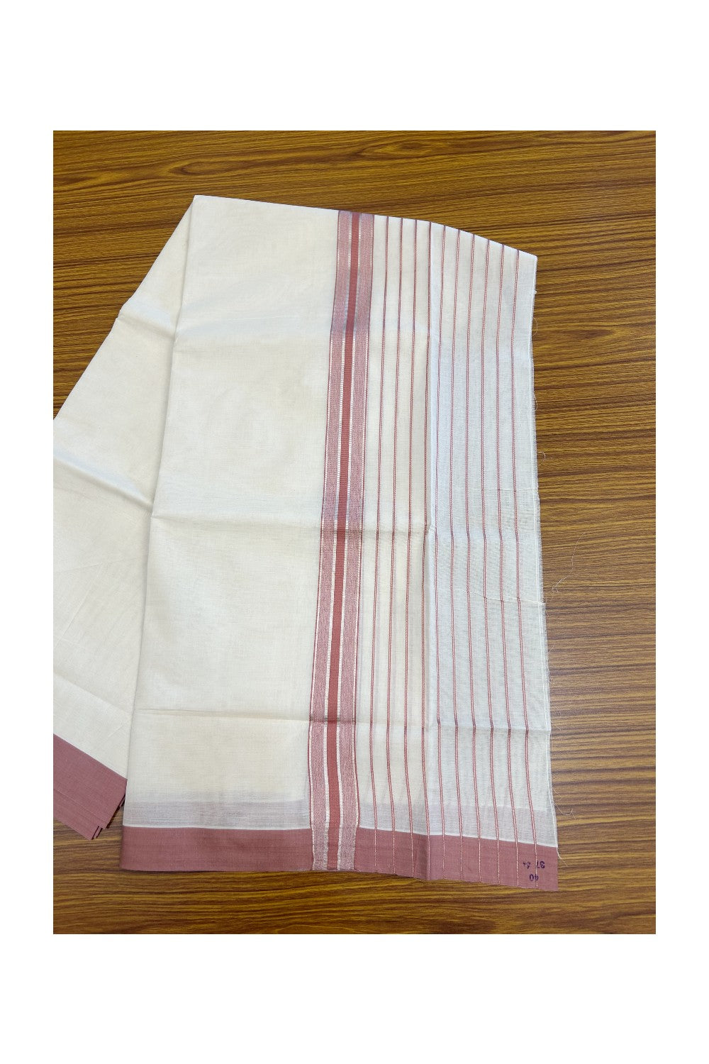 20% Discount !! KaithariKada Balaramapuram Double OFF WHITE (Unbleached) Mundu/Dhoti - 100x80 - 8 inch Dusty Rose & Silver Striped kara 4 mtr (8.5 muzham) - 5KK5243 PMC
