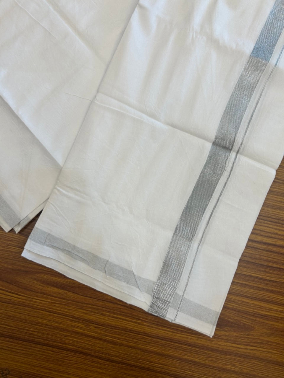 24% Discount !! KaithariKada Balaramapuram 100% Cotton Pure white Single Mundu/Dhoti - Twisted 60s Thread- 1 inch Silver Kara (2 meter / 4 muzham) - 5 KK5245 GL