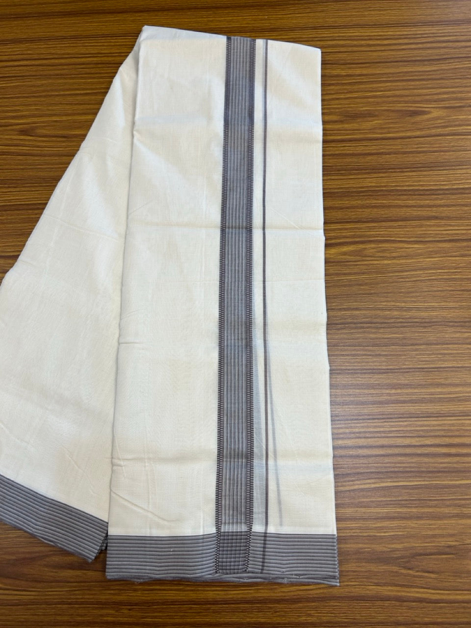 25% DISCOUNT!! KaithariKada HANDLOOM UNAKKUPAAV Balaramapuram - 100% PURE Cotton OFF White - (Unbleached) Double Mundu/Dothi - 100 x 80 - 1.5 inch Violet Vague Green Strip Kara 3.85 meter (8.5 mulam) - 5 KK5249 REA