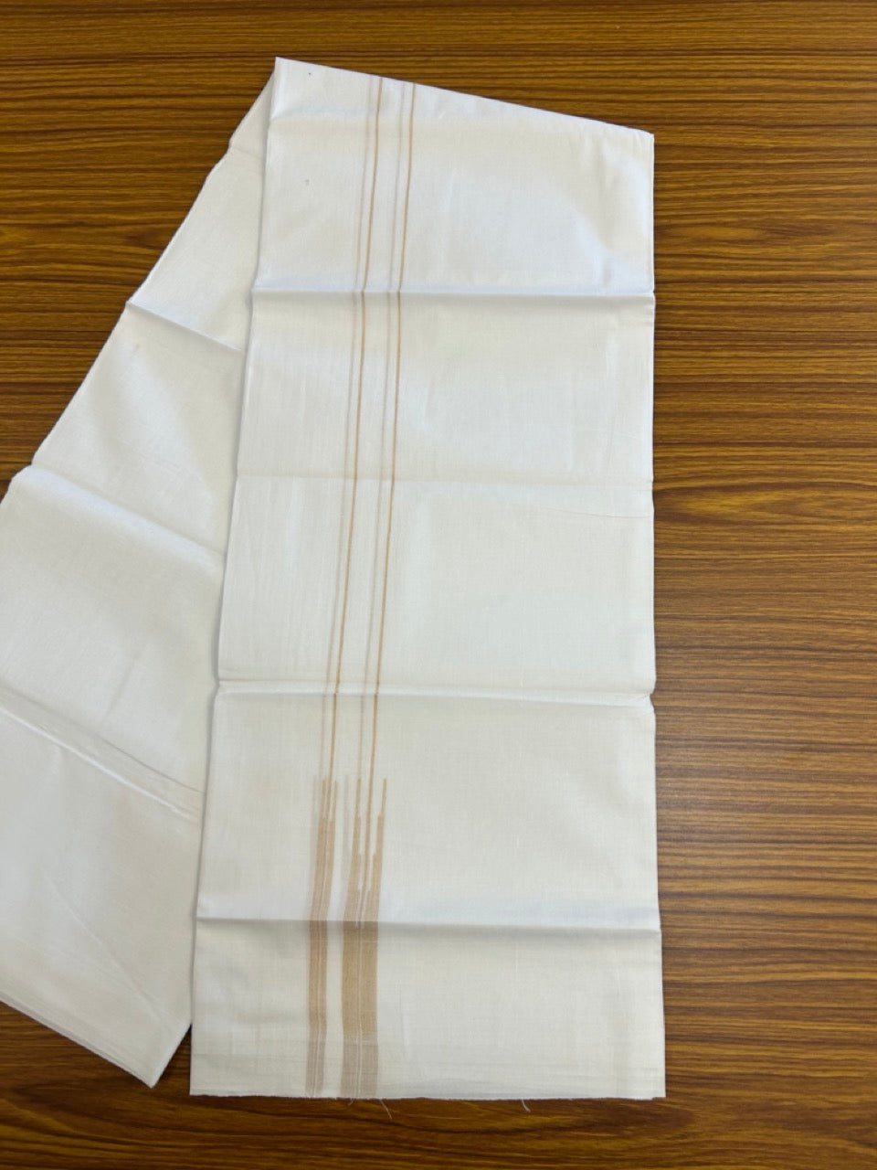 20% DISCOUNT!! NEW!! KaithariKada Balaramapuram 100% Cotton PURE WHITE Double Mundu/Dhoti - (100x80)s - 0.75 inch Sand Brown Line chutty - 5 KK5249 VIN