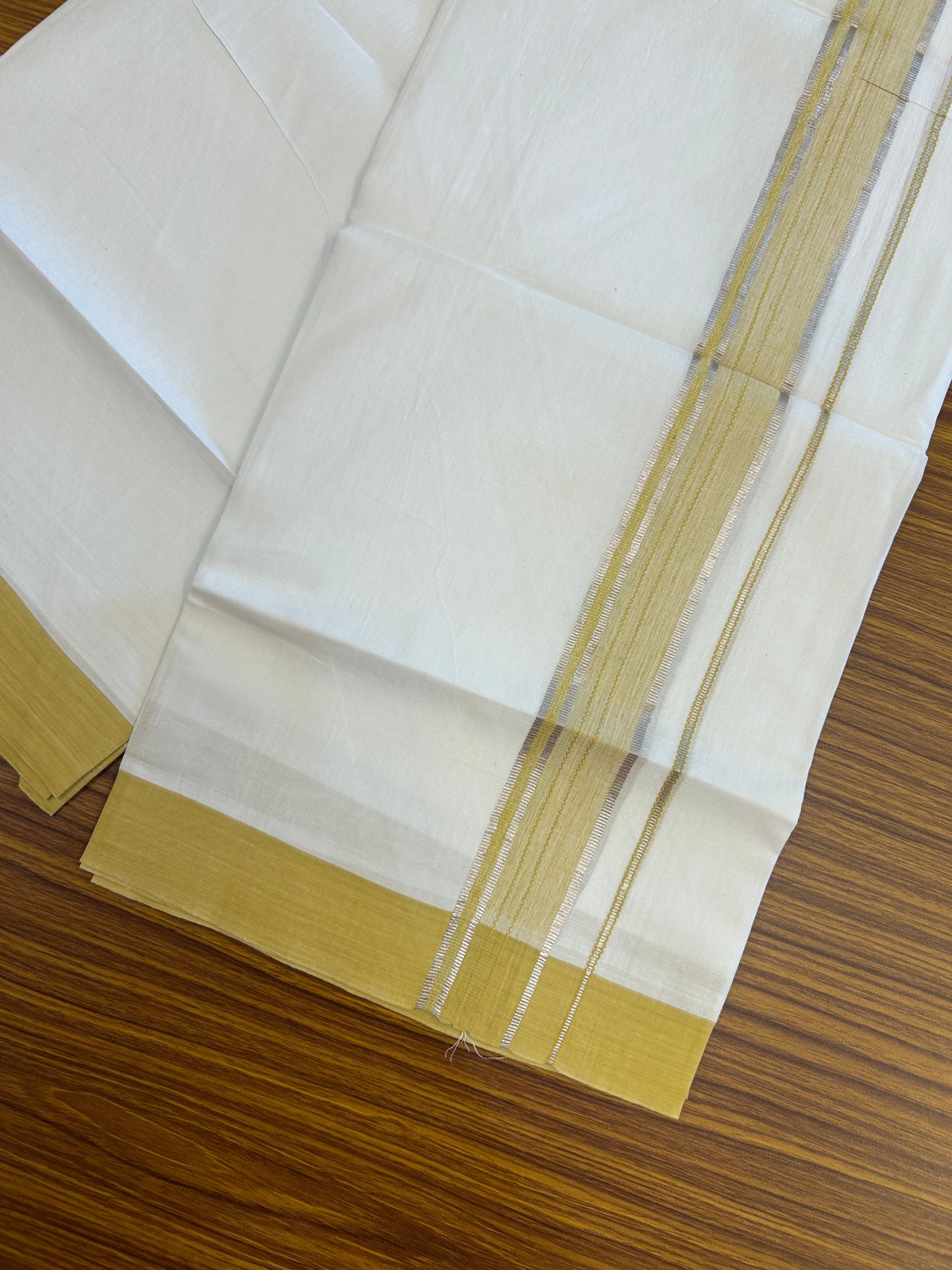 Short Dhoti Special - 28% Discount ! KaithariKada 100% Cotton Pure White Double Mundu / Dhoti - 100x80 - 45 inch Height 3.80 m Length 1.5 inch Mustard Yellow Silver Kasav kara - 5 KK5258 THI